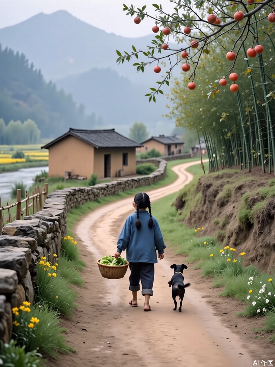village,Guide line composition, a little girl with a blue coat on her upper body and black pants on her lower body, walking barefoot on a mountain path. The background is a winding path on the mountain, with bamboo forests and trees on both sides of the road, and the top of the mountain is misty in the distance. Master mirror, high quality, in line with natural logic. Realistic style, landscape