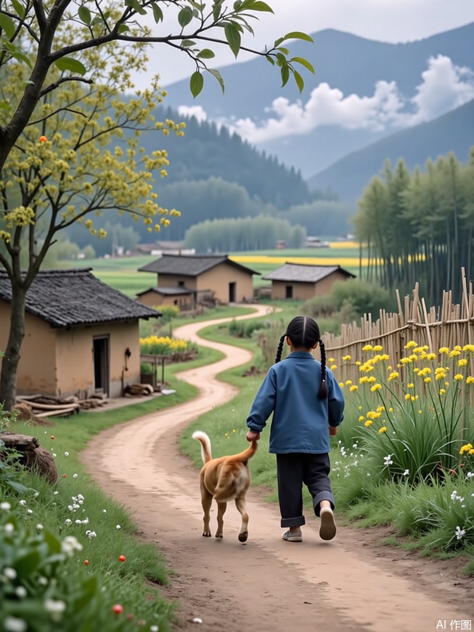 village,Guide line composition, a little girl with a blue coat on her upper body and black pants on her lower body, walking barefoot on a mountain path. The background is a winding path on the mountain, with bamboo forests and trees on both sides of the road, and the top of the mountain is misty in the distance. Master mirror, high quality, in line with natural logic. Realistic style, landscape