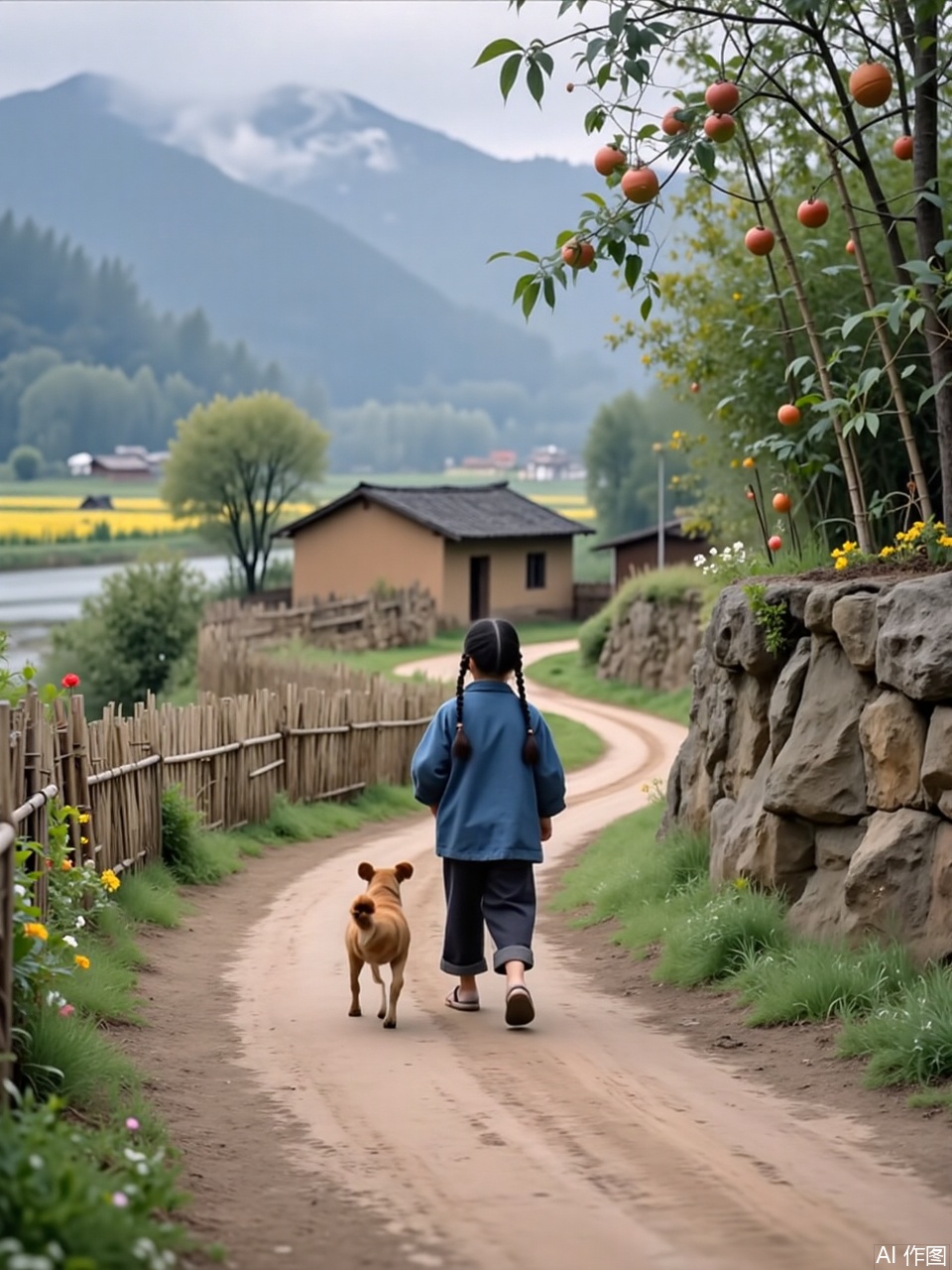 village,Guide line composition, a little girl with a blue coat on her upper body and black pants on her lower body, walking barefoot on a mountain path. The background is a winding path on the mountain, with bamboo forests and trees on both sides of the road, and the top of the mountain is misty in the distance. Master mirror, high quality, in line with natural logic. Realistic style, landscape