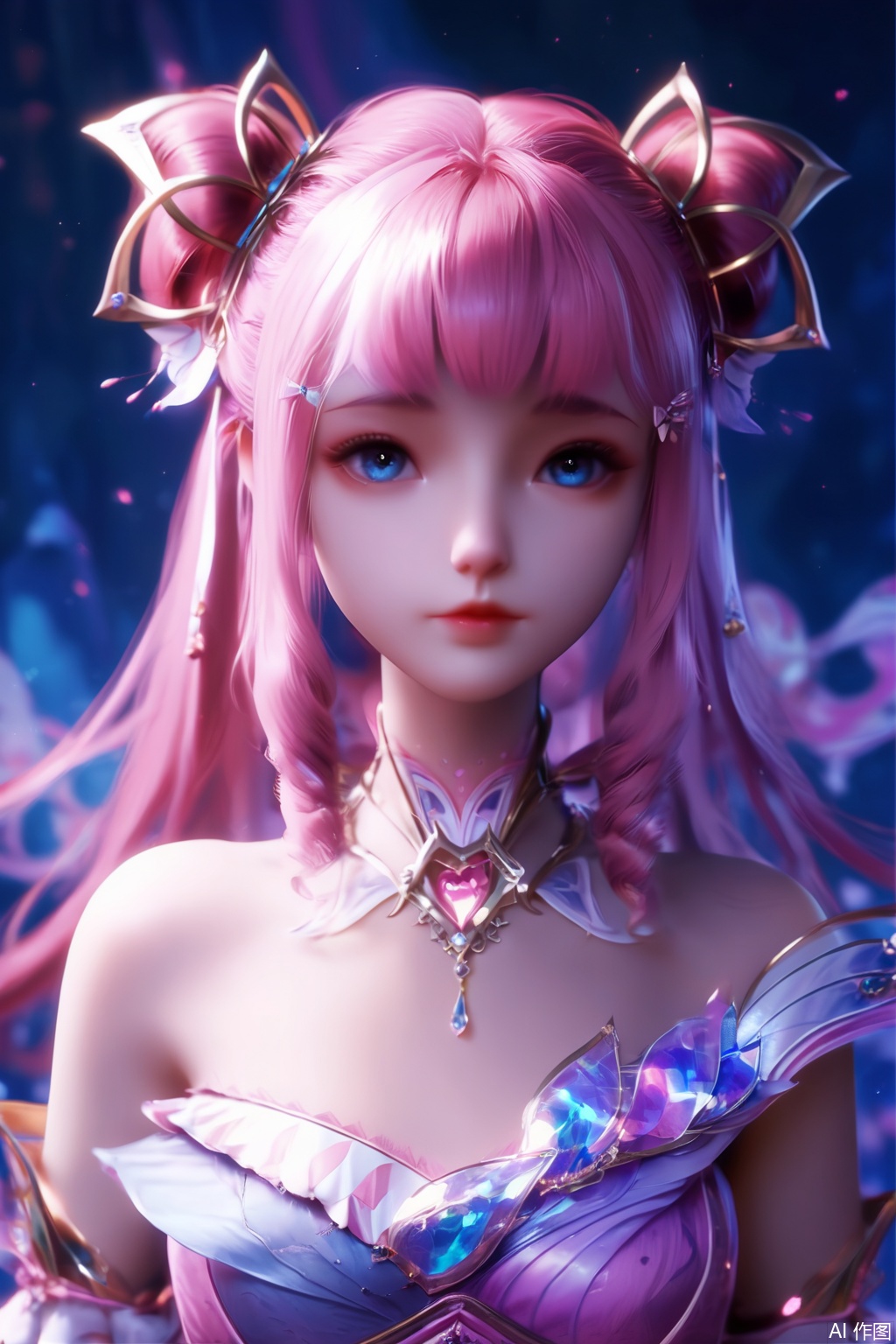 score_9,score_8_up,score_7_up,1girl,solo,long hair,looking at viewer,bangs,blue eyes,hair ornament,dress,bare shoulders,closed mouth,pink hair,detached sleeves,hair bun,lips,strapless,drill hair,strapless dress,upper body,