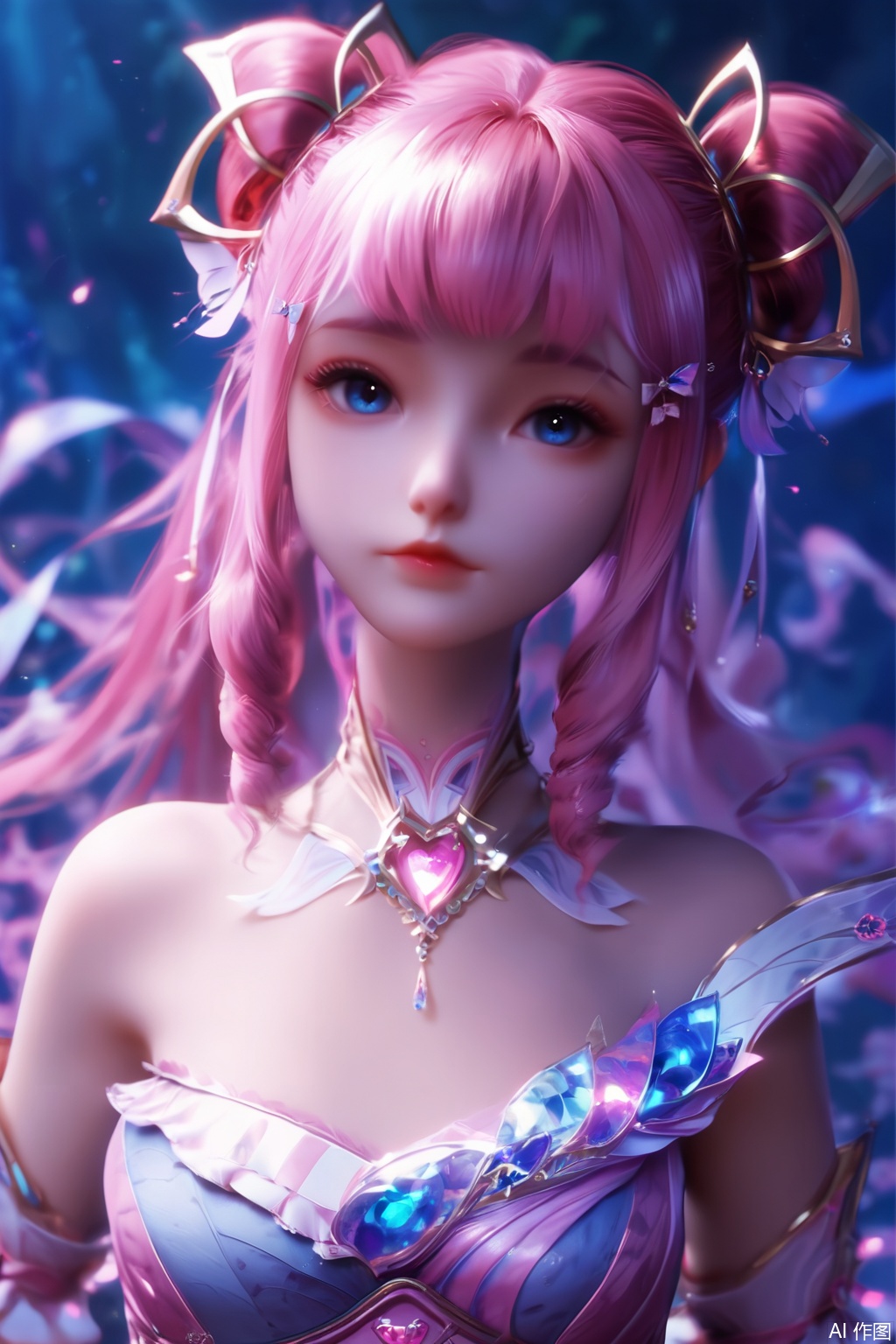 score_9,score_8_up,score_7_up,1girl,solo,long hair,looking at viewer,bangs,blue eyes,hair ornament,dress,bare shoulders,closed mouth,pink hair,detached sleeves,hair bun,lips,strapless,drill hair,strapless dress,upper body,