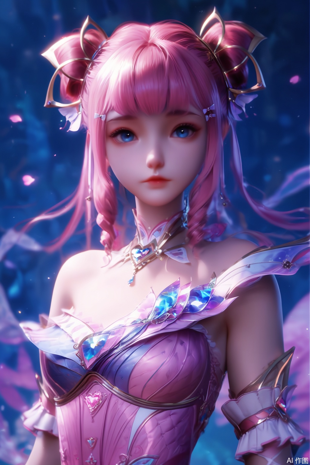 score_9,score_8_up,score_7_up,1girl,solo,long hair,looking at viewer,bangs,blue eyes,hair ornament,dress,bare shoulders,closed mouth,pink hair,detached sleeves,hair bun,lips,strapless,drill hair,strapless dress,upper body,