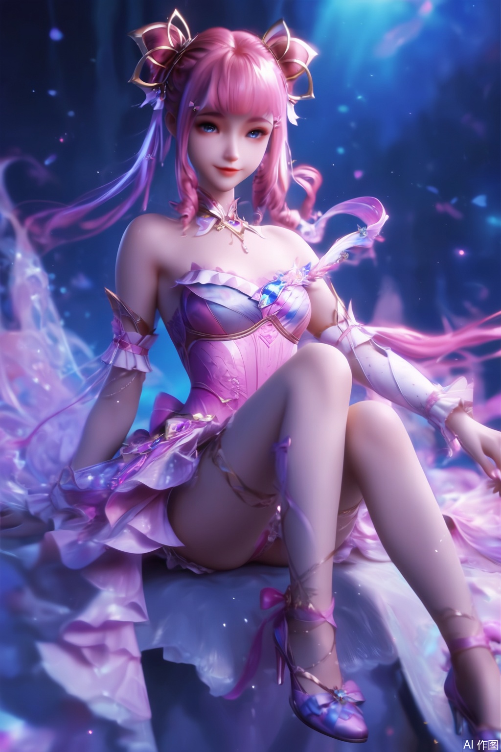 score_9,score_8_up,score_7_up,1girl,solo,long hair,looking at viewer,bangs,blue eyes,hair ornament,dress,bare shoulders,closed mouth,pink hair,detached sleeves,hair bun,lips,strapless,drill hair,strapless dress,sitting,ankle ribbon,strappy heels,leg ribbon,smile
