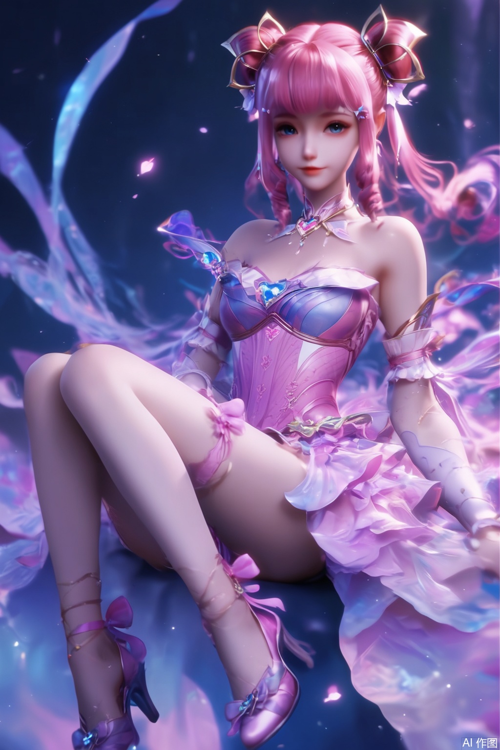 score_9,score_8_up,score_7_up,1girl,solo,long hair,looking at viewer,bangs,blue eyes,hair ornament,dress,bare shoulders,closed mouth,pink hair,detached sleeves,hair bun,lips,strapless,drill hair,strapless dress,sitting,ankle ribbon,strappy heels,leg ribbon,happy