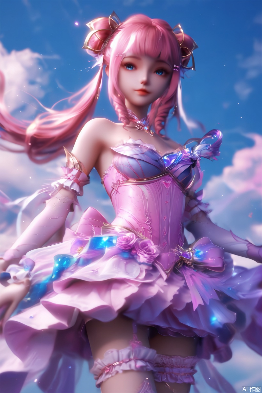 score_9,score_8_up,score_7_up,1girl,solo,long hair,looking at viewer,bangs,blue eyes,hair ornament,dress,bare shoulders,pink hair,detached sleeves,hair bun,lips,strapless,drill hair,strapless dress,happiness,sky,lace_trim,bridal garter,lace-trimmed_kneehighs,legs