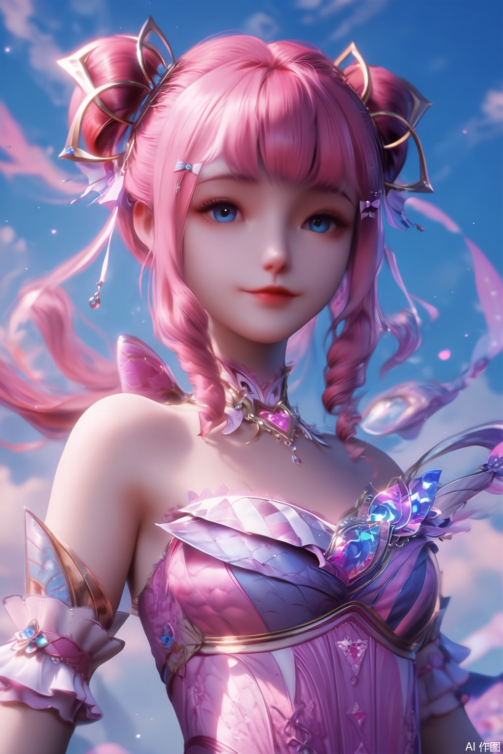 score_9,score_8_up,score_7_up,1girl,solo,long hair,looking at viewer,bangs,blue eyes,hair ornament,dress,bare shoulders,upper body,pink hair,detached sleeves,hair bun,lips,strapless,drill hair,strapless dress,happiness,sky