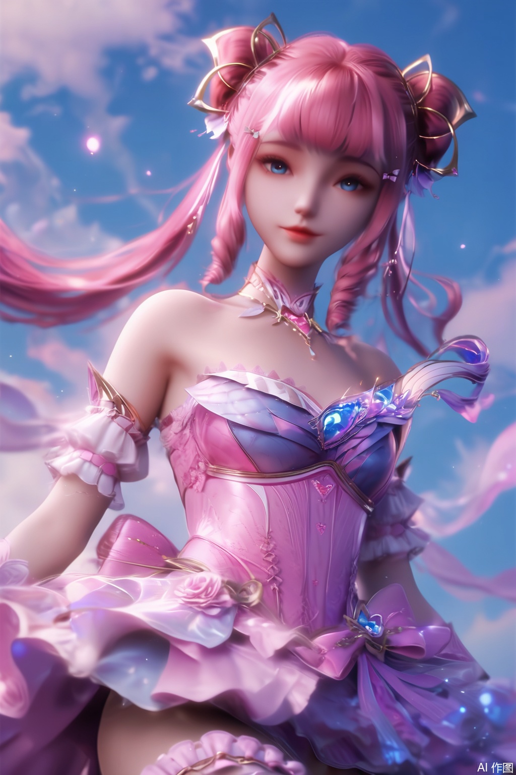 score_9,score_8_up,score_7_up,1girl,solo,long hair,looking at viewer,bangs,blue eyes,hair ornament,dress,bare shoulders,pink hair,detached sleeves,hair bun,lips,strapless,drill hair,strapless dress,happiness,sky,lace_trim,bridal garter,lace-trimmed_kneehighs,