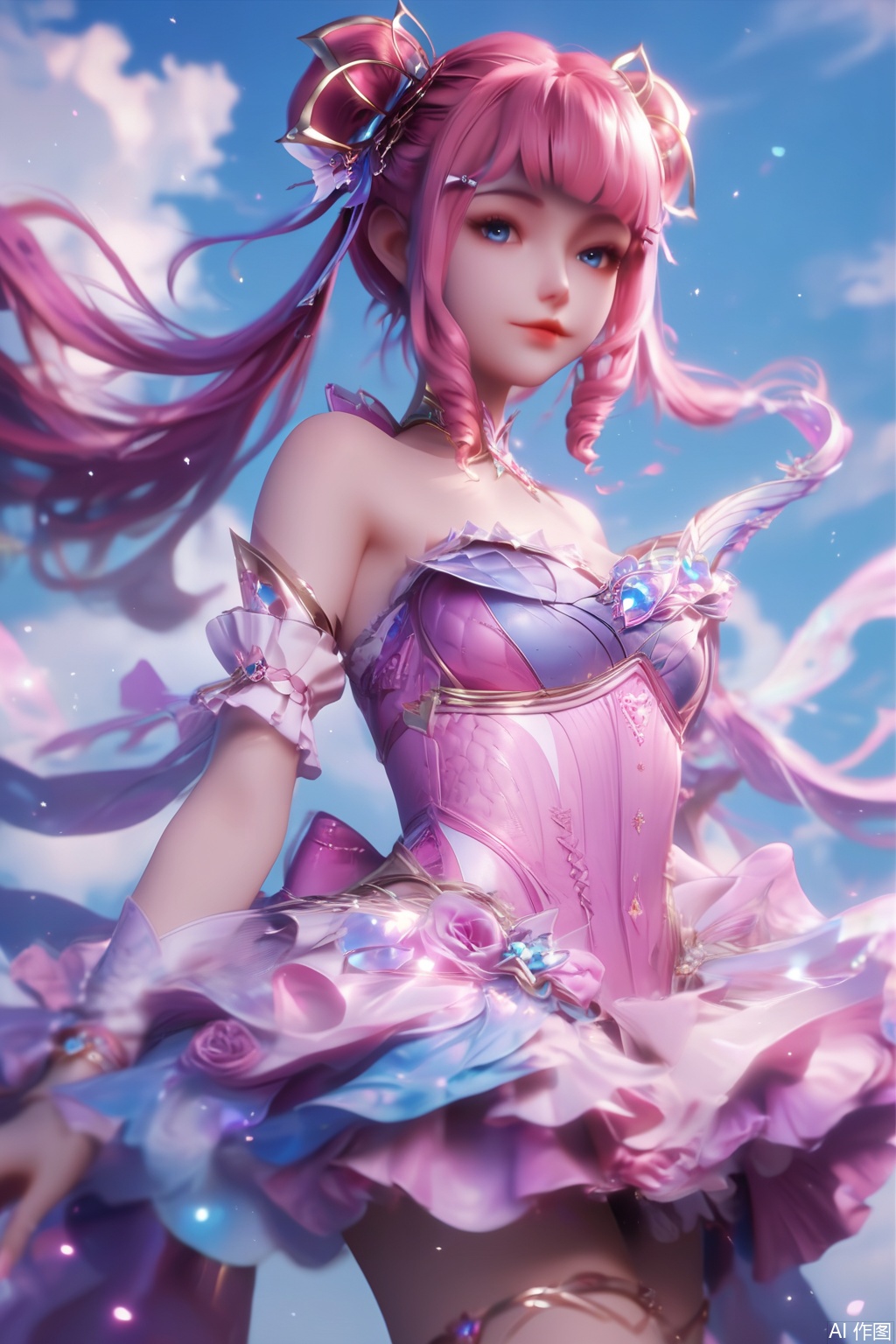 score_9,score_8_up,score_7_up,1girl,solo,long hair,looking at viewer,bangs,blue eyes,hair ornament,dress,bare shoulders,pink hair,detached sleeves,hair bun,lips,strapless,drill hair,strapless dress,happiness,sky,legs,Wreath Leg Ring