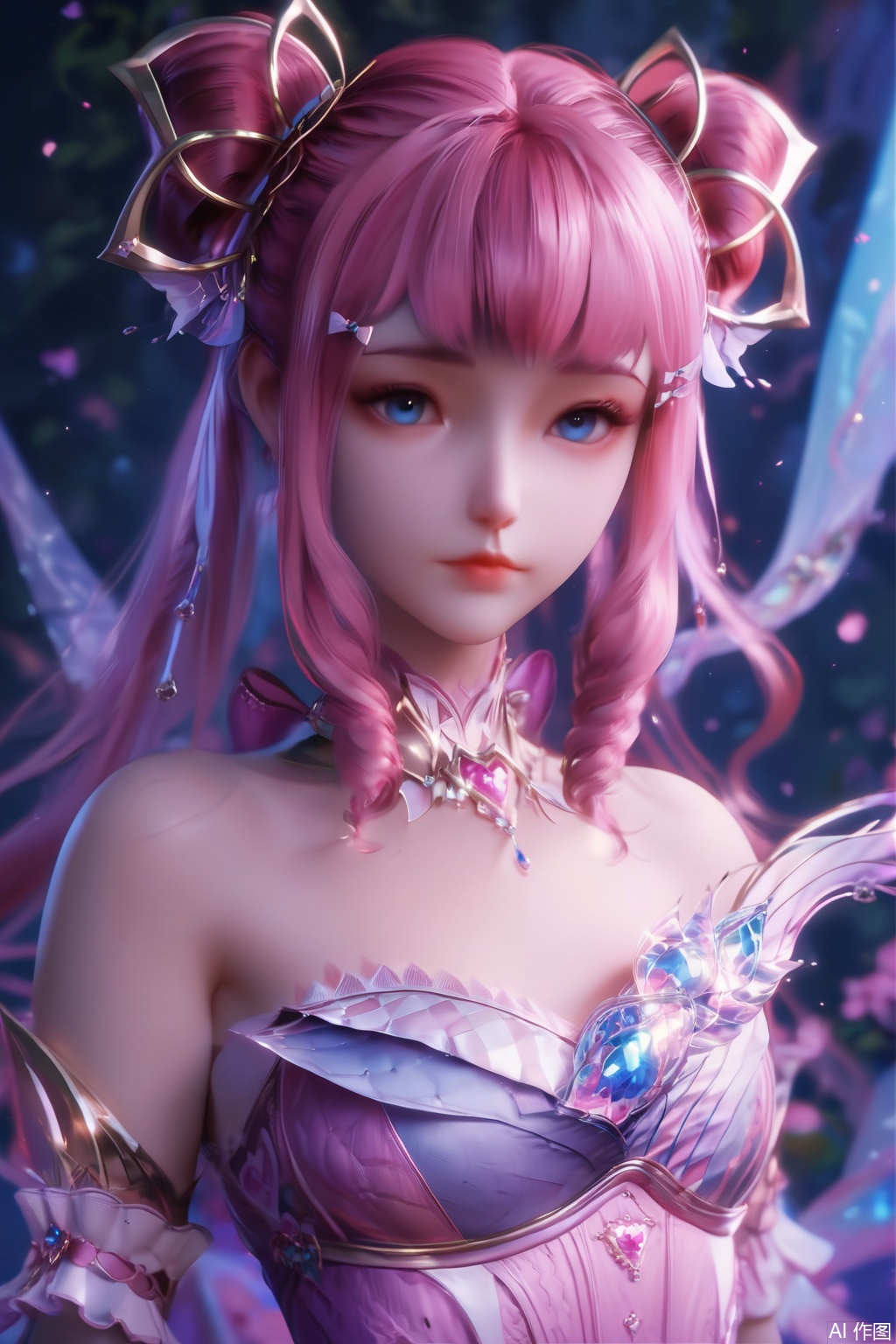 score_9,score_8_up,score_7_up,1girl,solo,long hair,looking at viewer,bangs,blue eyes,hair ornament,dress,bare shoulders,closed mouth,upper body,pink hair,detached sleeves,hair bun,lips,strapless,drill hair,strapless dress