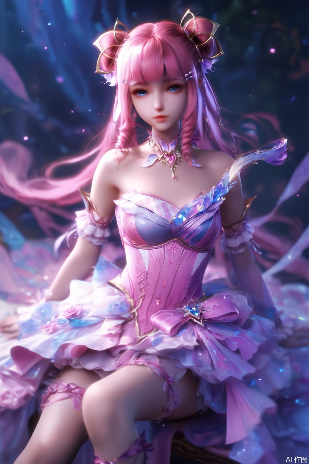 score_9,score_8_up,score_7_up,1girl,solo,long hair,looking at viewer,bangs,blue eyes,hair ornament,dress,bare shoulders,closed mouth,pink hair,detached sleeves,hair bun,lips,strapless,drill hair,strapless dress,sitting,ankle ribbon,strappy heels,leg ribbon