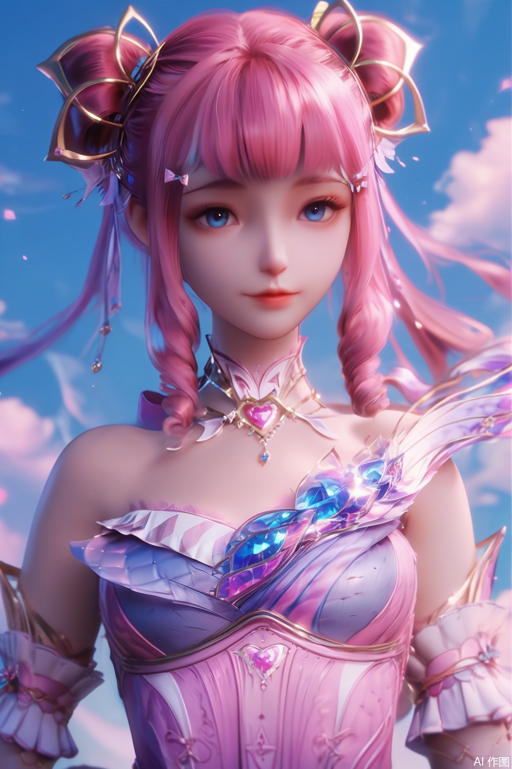 score_9,score_8_up,score_7_up,1girl,solo,long hair,looking at viewer,bangs,blue eyes,hair ornament,dress,bare shoulders,pink hair,detached sleeves,hair bun,lips,strapless,drill hair,strapless dress,happiness,sky,legs,upper body,Wreath Leg Ring