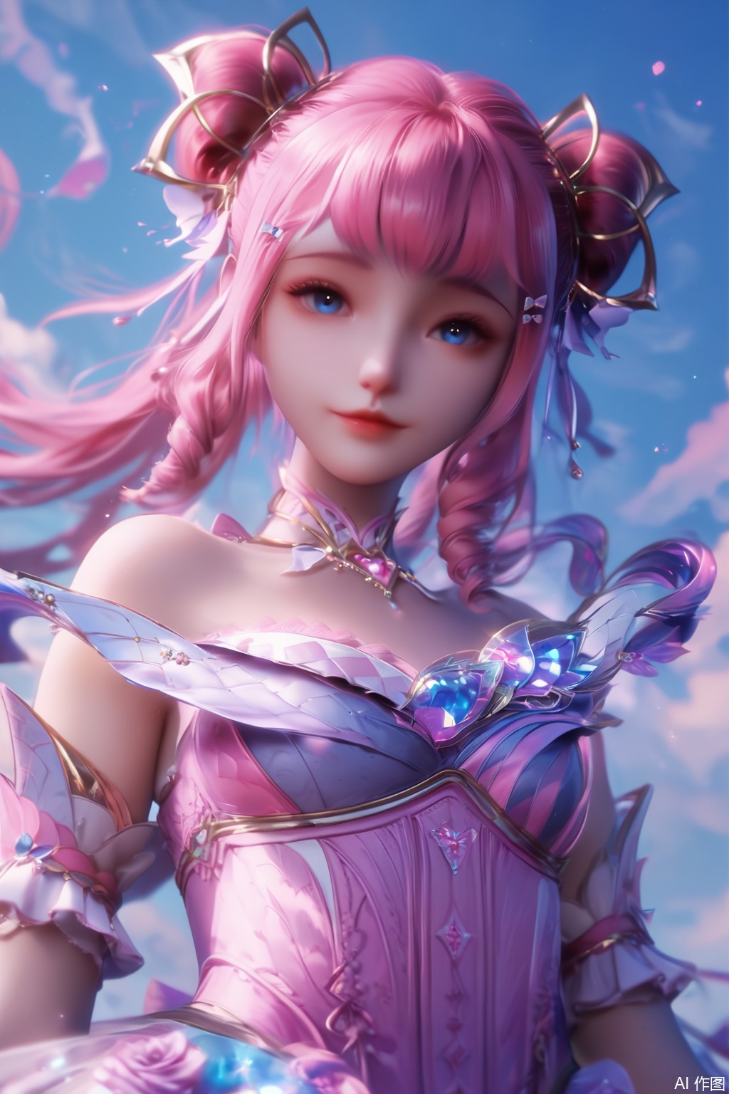 score_9,score_8_up,score_7_up,1girl,solo,long hair,looking at viewer,bangs,blue eyes,hair ornament,dress,bare shoulders,upper body,pink hair,detached sleeves,hair bun,lips,strapless,drill hair,strapless dress,happiness,sky