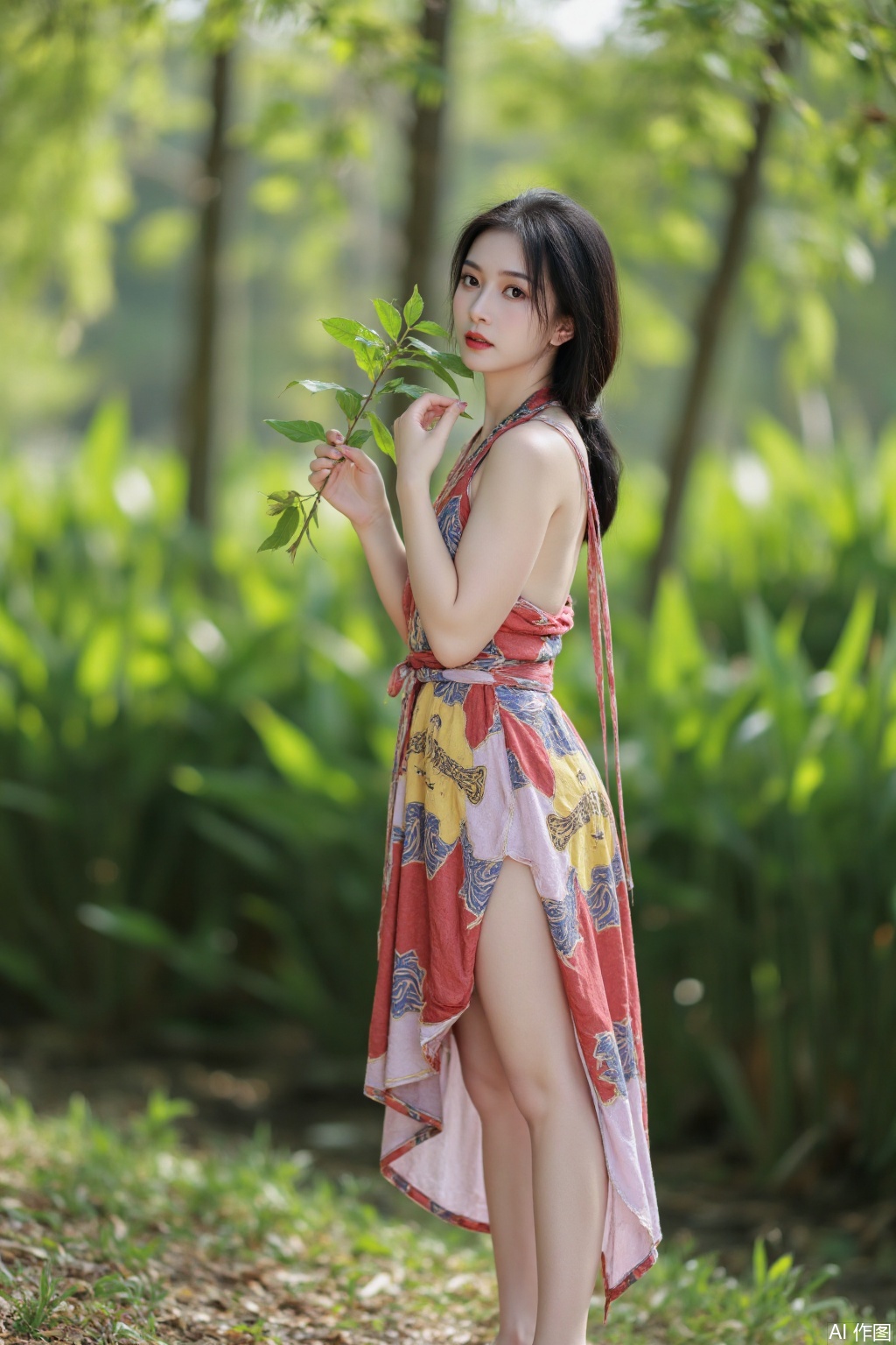 The photograph captures a young Asian woman with a light complexion and a slender physique standing outdoors in a lush, green forest setting. She has a youthful, oval face with a small nose and full lips, and her dark, shoulder-length hair is styled in a messy bob. She is wearing a low-cut, sleeveless dress with a colorful, geometric pattern featuring red, yellow, and blue hues. The dress reveals a significant portion of her cleavage, showcasing her large breasts. She is holding a branch of green leaves in her right hand, peering through them with a coy, playful expression. The background is filled with tall trees, and the ground is covered in a mix of grass and leaves. The lighting is natural, suggesting it is daytime, and the overall atmosphere is serene and intimate. The photograph is high resolution, with sharp details and vibrant colors, indicating it was taken with a professional camera. The composition emphasizes the subject's natural beauty and the tranquility of the forest setting.