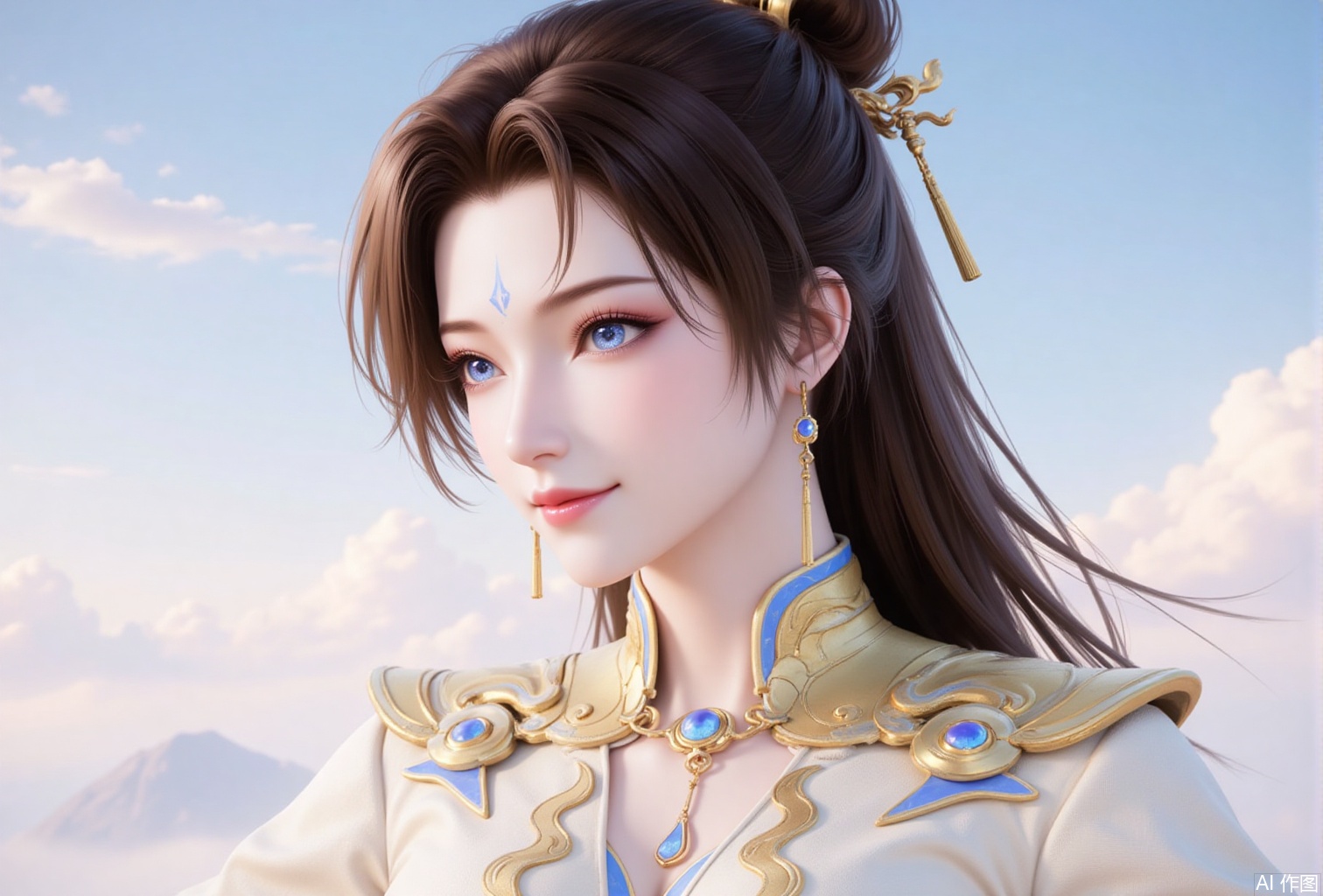 luxueqi,lvjing,weiwei,
1girl, jewelry, solo, forehead mark, earrings, facial mark, blue eyes, brown hair, upper body, long hair, looking to the side, hair ornament, sky, dress, smile, ponytail,2