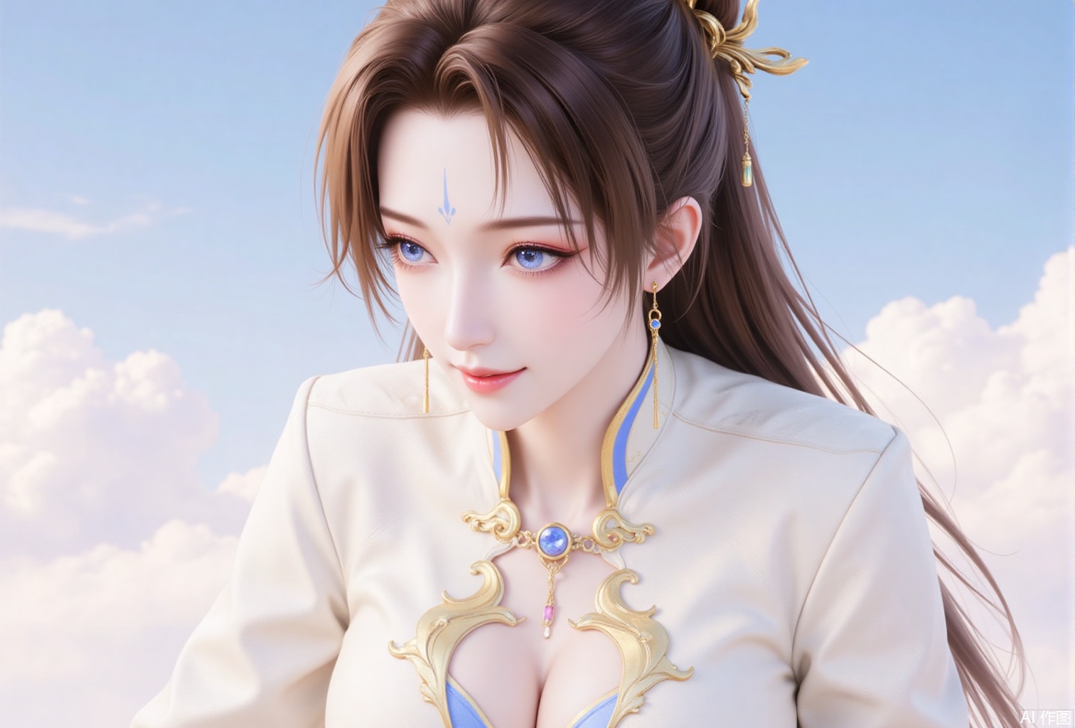 luxueqi,lvjing,weiwei,
1girl, jewelry, solo, forehead mark, earrings, facial mark, blue eyes, brown hair, upper body, long hair, looking to the side, hair ornament, sky, dress, smile, ponytail,2