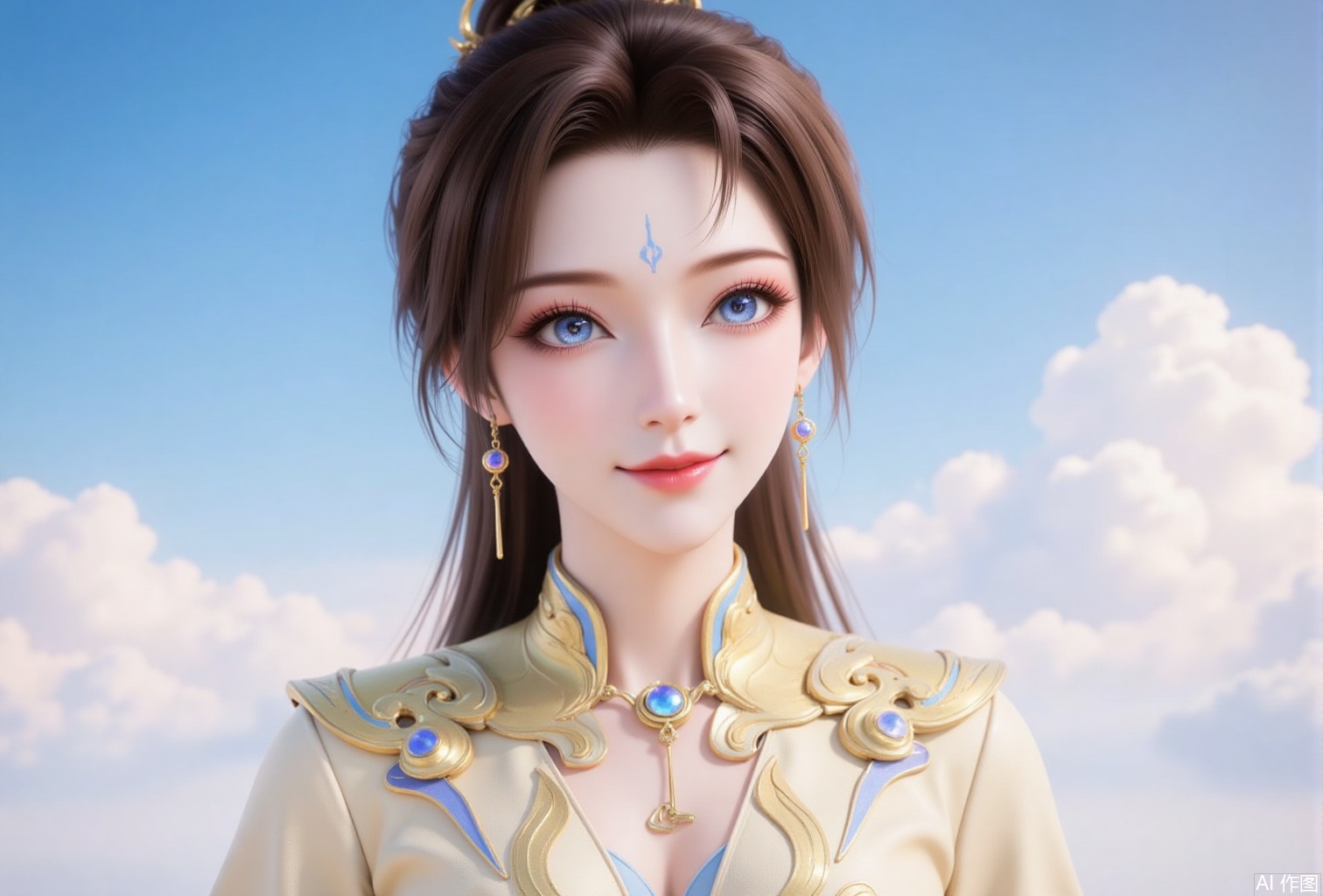 luxueqi,lvjing,weiwei,
1girl, jewelry, solo, forehead mark, earrings, facial mark, blue eyes, brown hair, upper body, long hair, looking to the side, hair ornament, sky, dress, smile, ponytail,2