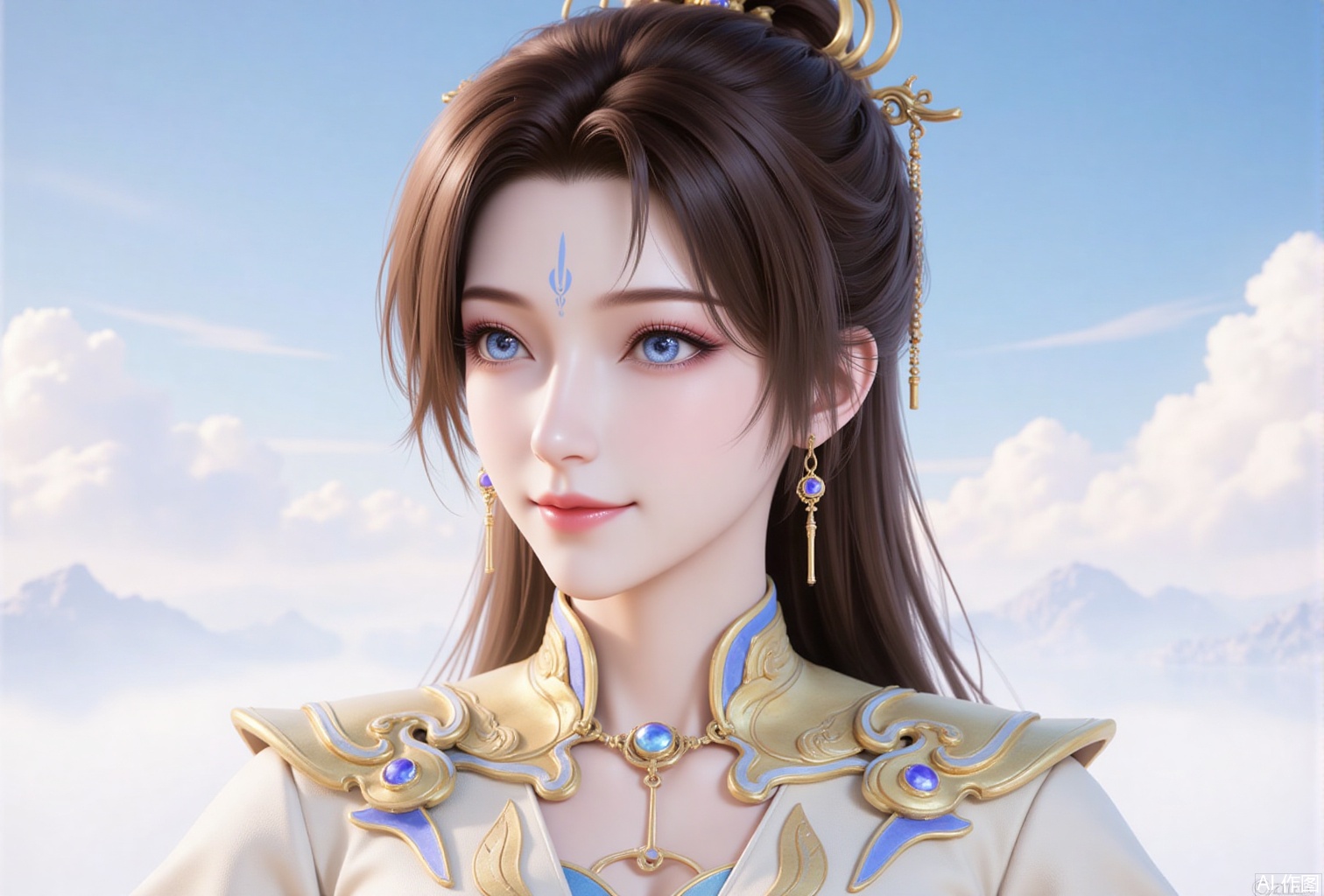 luxueqi,lvjing,weiwei,
1girl, jewelry, solo, forehead mark, earrings, facial mark, blue eyes, brown hair, upper body, long hair, looking to the side, hair ornament, sky, dress, smile, ponytail,2