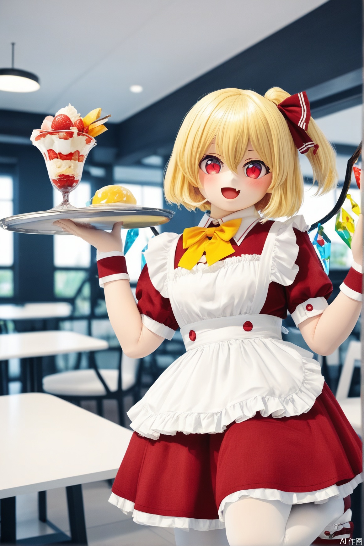 1girl, solo, blush, smile, short hair, open mouth, bangs, skirt, blonde hair, red eyes, dress, bow, ribbon, holding, hair between eyes, standing, hair ribbon, short sleeves, :d, pantyhose, frills, food, wings, alternate costume, fang, puffy sleeves, indoors, bowtie, blurry, apron, red bow, red ribbon, cup, puffy short sleeves, wrist cuffs, maid, maid headdress, window, fruit, blurry background, one side up, chair, red dress, table, standing on one leg, white apron, yellow bow, skin fang, plate, maid apron, tray, white pantyhose, frilled apron, crystal, enmaided, ice cream, spoon, waitress, holding tray, yellow bowtie, parfait, restaurant, cafe, sundae, flandre scarlet