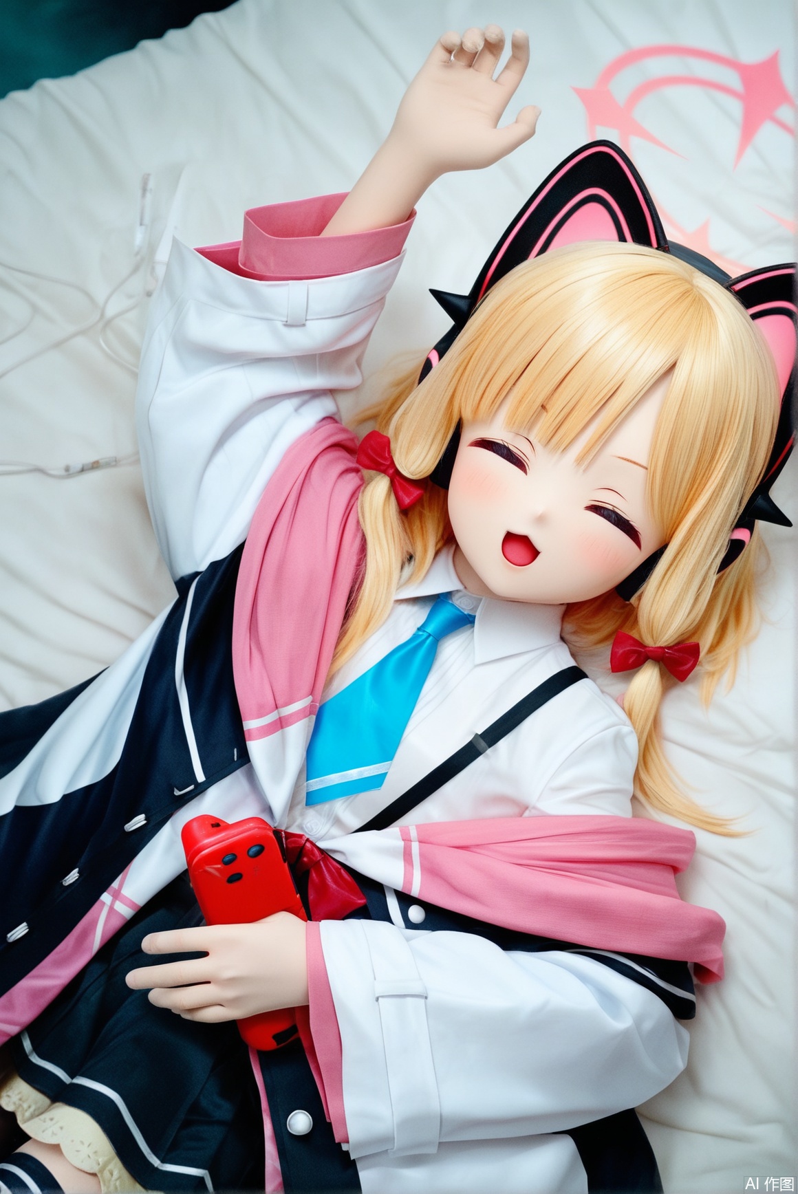 1girl, solo, blush, smile, short hair, open mouth, blonde hair, shirt, long sleeves, bow, animal ears, school uniform, jacket, closed eyes, hair bow, necktie, arm up, fake animal ears, headphones, halo, blue necktie, nintendo switch, animal ear headphones, cat ear headphones, momoi \(blue archive\), midori \(blue archive\)