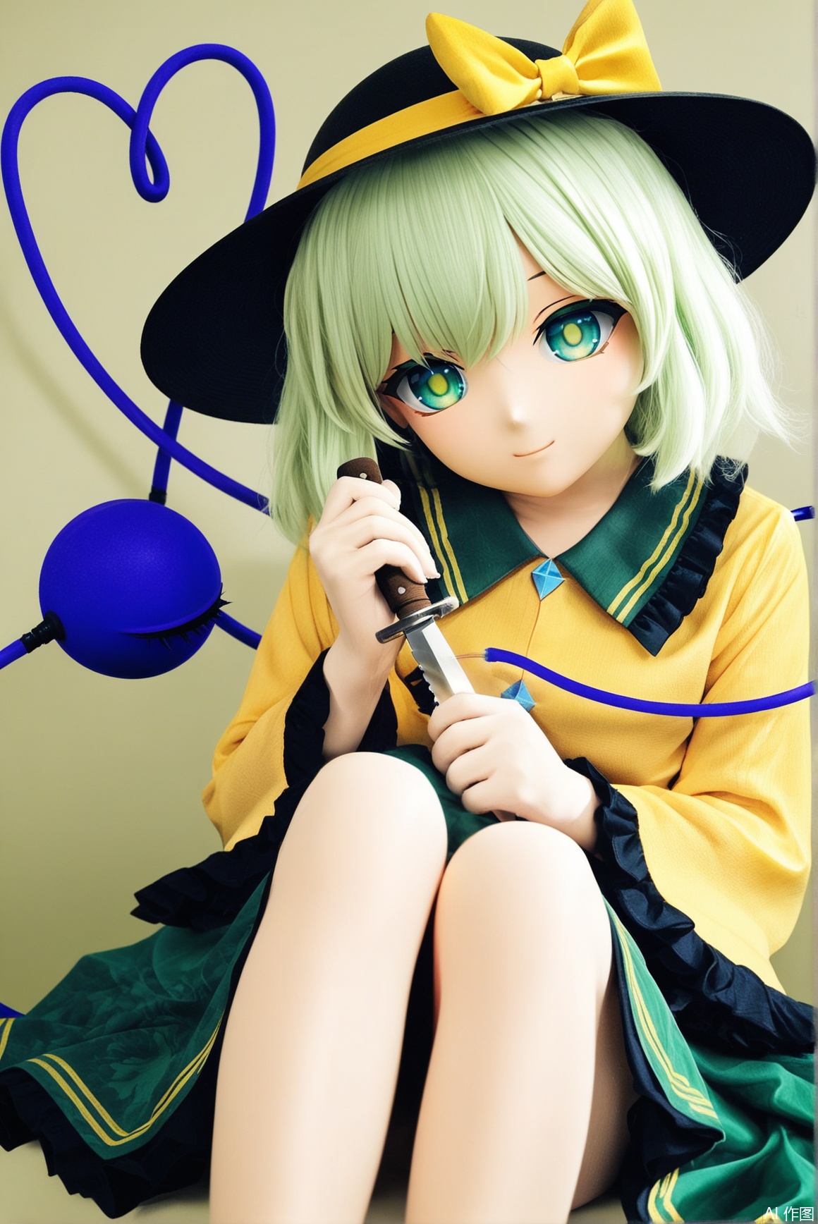 1girl, solo, looking at viewer, smile, short hair, bangs, blue eyes, skirt, shirt, long sleeves, hat, bow, ribbon, holding, sitting, closed mouth, green eyes, heart, frills, green hair, wide sleeves, head tilt, black headwear, feet out of frame, hat ribbon, frilled sleeves, blouse, green skirt, hat bow, third eye, knees up, yellow bow, frilled shirt collar, yellow shirt, eyeball, holding knife, heart of string, komeiji koishi