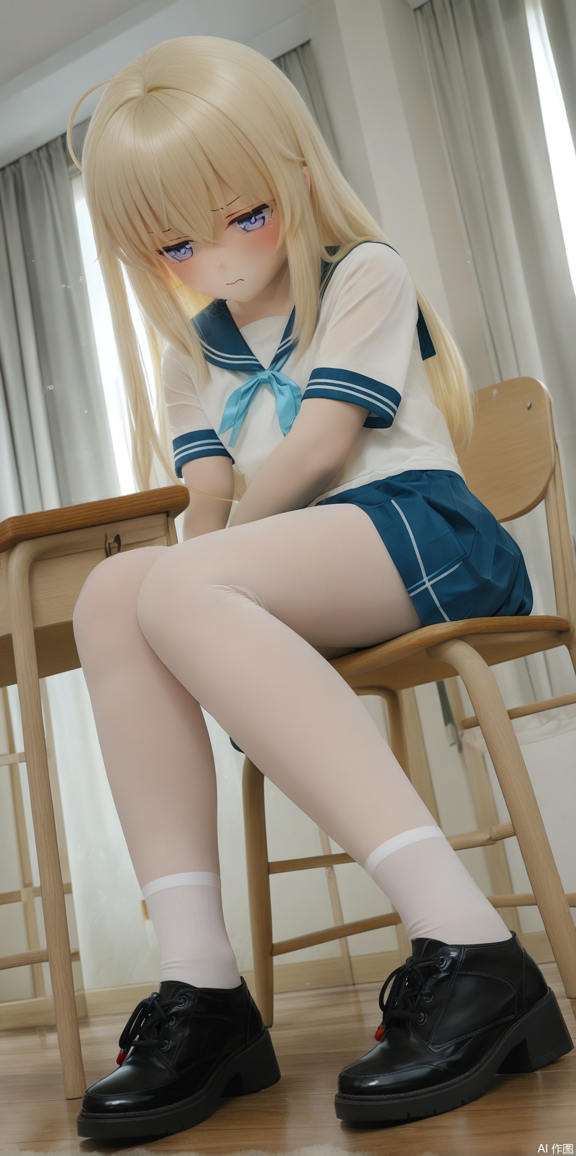 A young girl sits uncomfortably on a worn wooden chair, her legs splayed at an awkward angle as one foot dangles without shoes, while the other remains clad in scuffed leather footwear. Her expression is one of disgust and discomfort, her eyes squinted in distaste. A faint sheen of sweat glistens on her calf as it begins to leak with moisture. A cluttered desk lies beside a large window, where the warm sunlight streaming in creates a beautiful Tyndall effect, casting a mesmerizing glow over the scene
