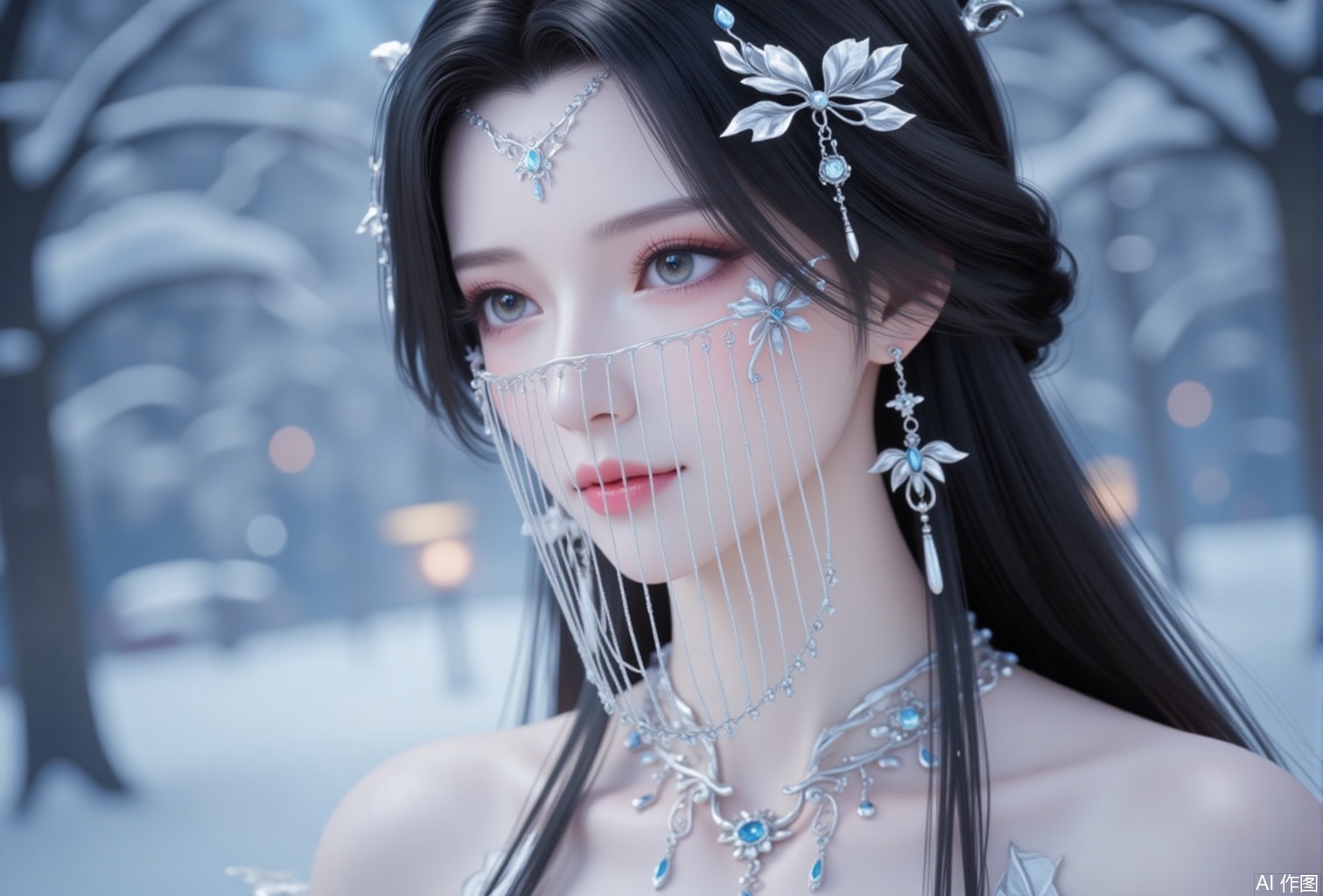 luxueqi,lvjing,anmiaoyi,
1girl, jewelry, solo, necklace, black hair, hair ornament, earrings, long hair, blurry background, closed mouth, veil, upper body, dress, bare shoulders, portrait, blurry, hair bun, looking to the side,1