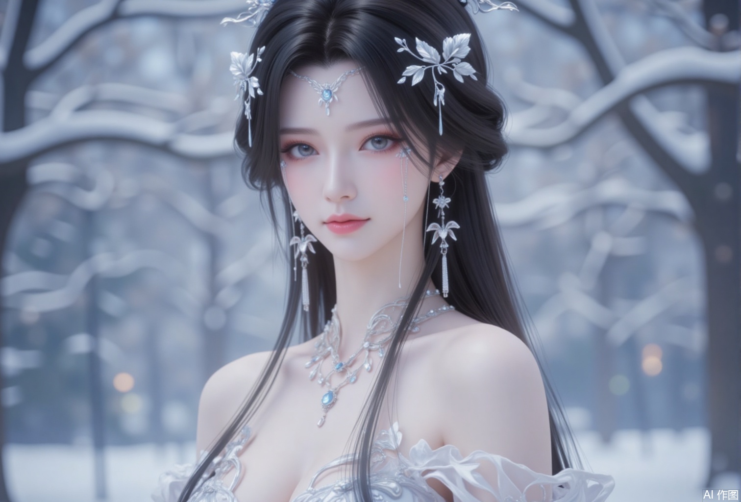 luxueqi,lvjing,anmiaoyi,
1girl, jewelry, solo, earrings, hair ornament, necklace, long hair, blurry background, black hair, bare shoulders, looking at viewer, upper body, blurry, dress, closed mouth, hair bun, portrait,3
