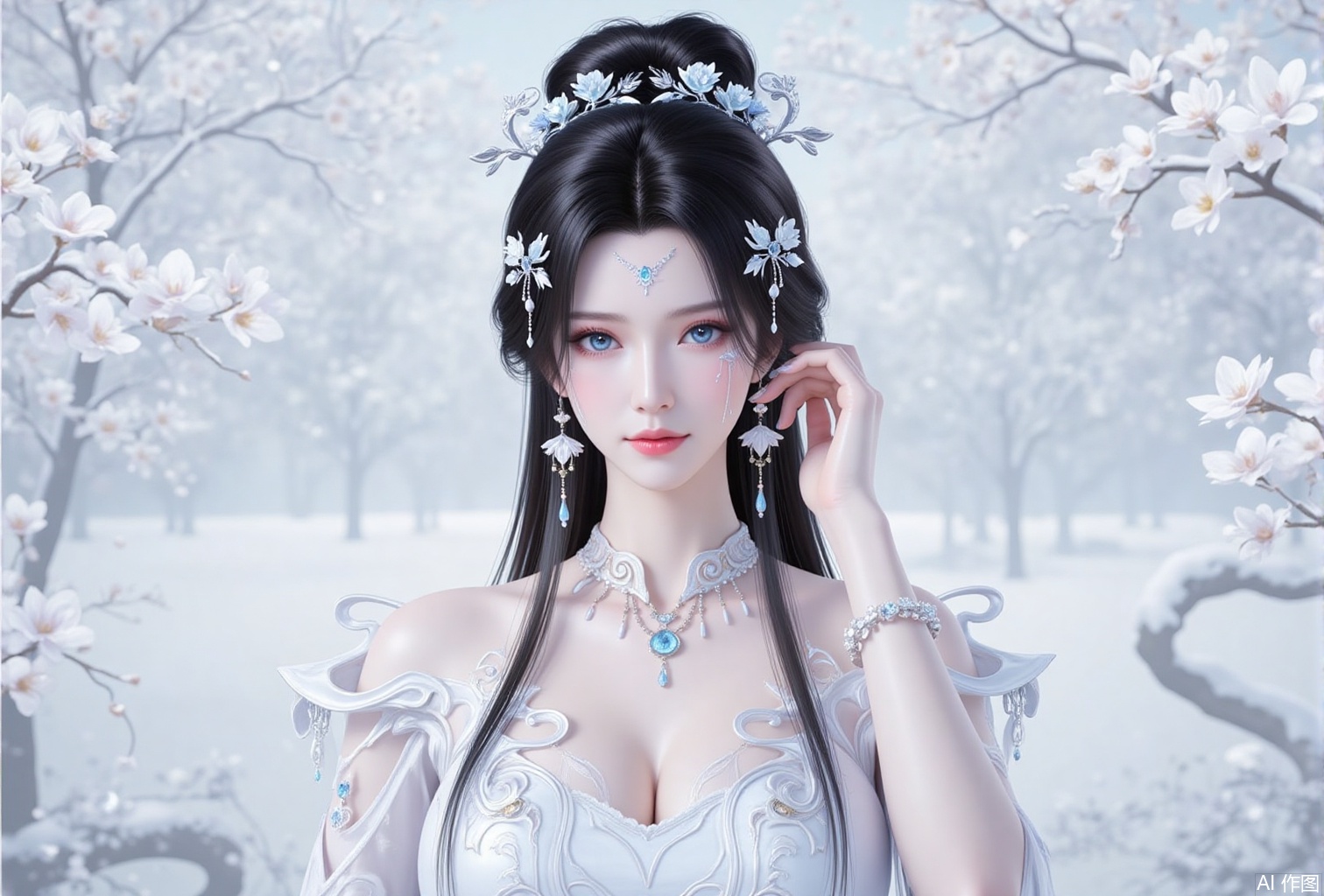 luxueqi,lvjing,anmiaoyi,
1girl, jewelry, dress, black hair, white dress, long hair, hair ornament, solo, earrings, necklace, blue eyes, bracelet, forehead mark, beads, facial mark, hair bun, looking at viewer, closed mouth,2
