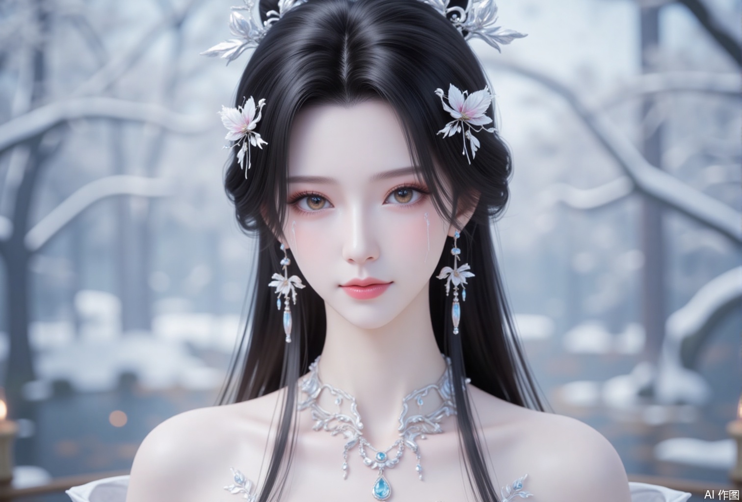 luxueqi,lvjing,anmiaoyi,
1girl, jewelry, solo, earrings, hair ornament, necklace, long hair, blurry background, black hair, bare shoulders, looking at viewer, upper body, blurry, dress, closed mouth, hair bun, portrait,3