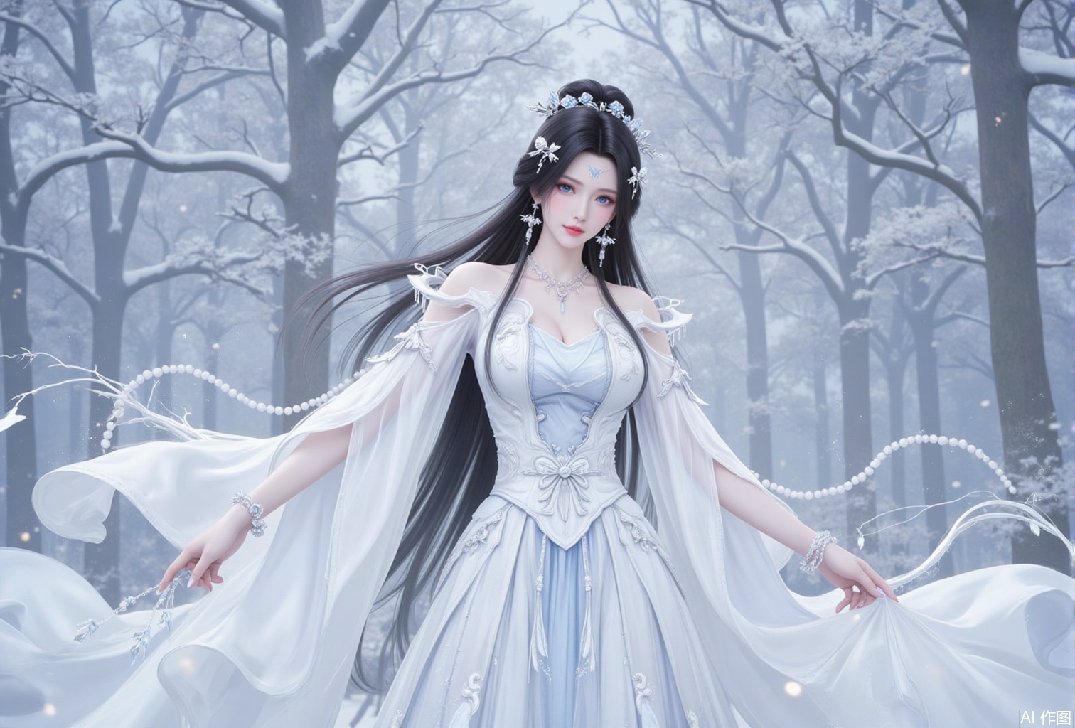 luxueqi,lvjing,anmiaoyi,
1girl, jewelry, dress, black hair, white dress, long hair, hair ornament, solo, earrings, necklace, blue eyes, bracelet, forehead mark, beads, facial mark, hair bun, looking at viewer, closed mouth,2