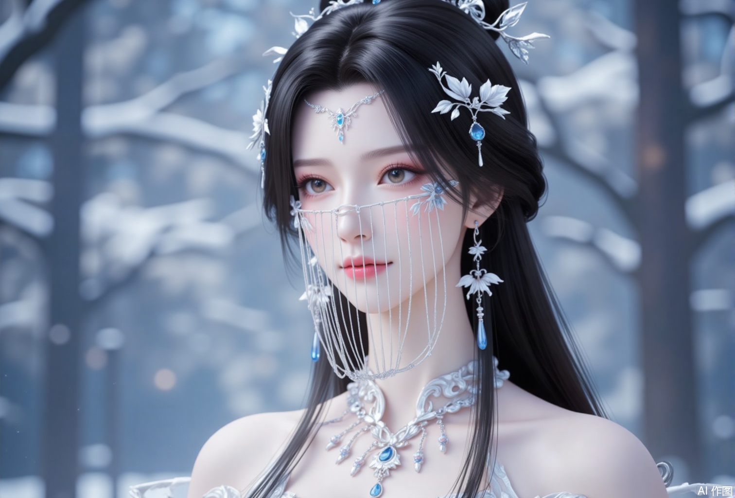 luxueqi,lvjing,anmiaoyi,
1girl, jewelry, solo, necklace, black hair, hair ornament, earrings, long hair, blurry background, closed mouth, veil, upper body, dress, bare shoulders, portrait, blurry, hair bun, looking to the side,1