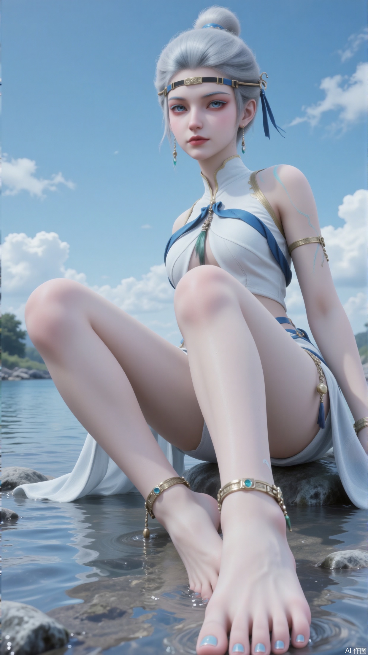 1girl

solo

long hair

blue eyes

hair ornament

jewelry

sitting

earrings

barefoot

water

hair bun

nail polish

feet

legs

bare legs

toes

blue nails

toenails

anklet

toenail polish

toe ring

zhihua