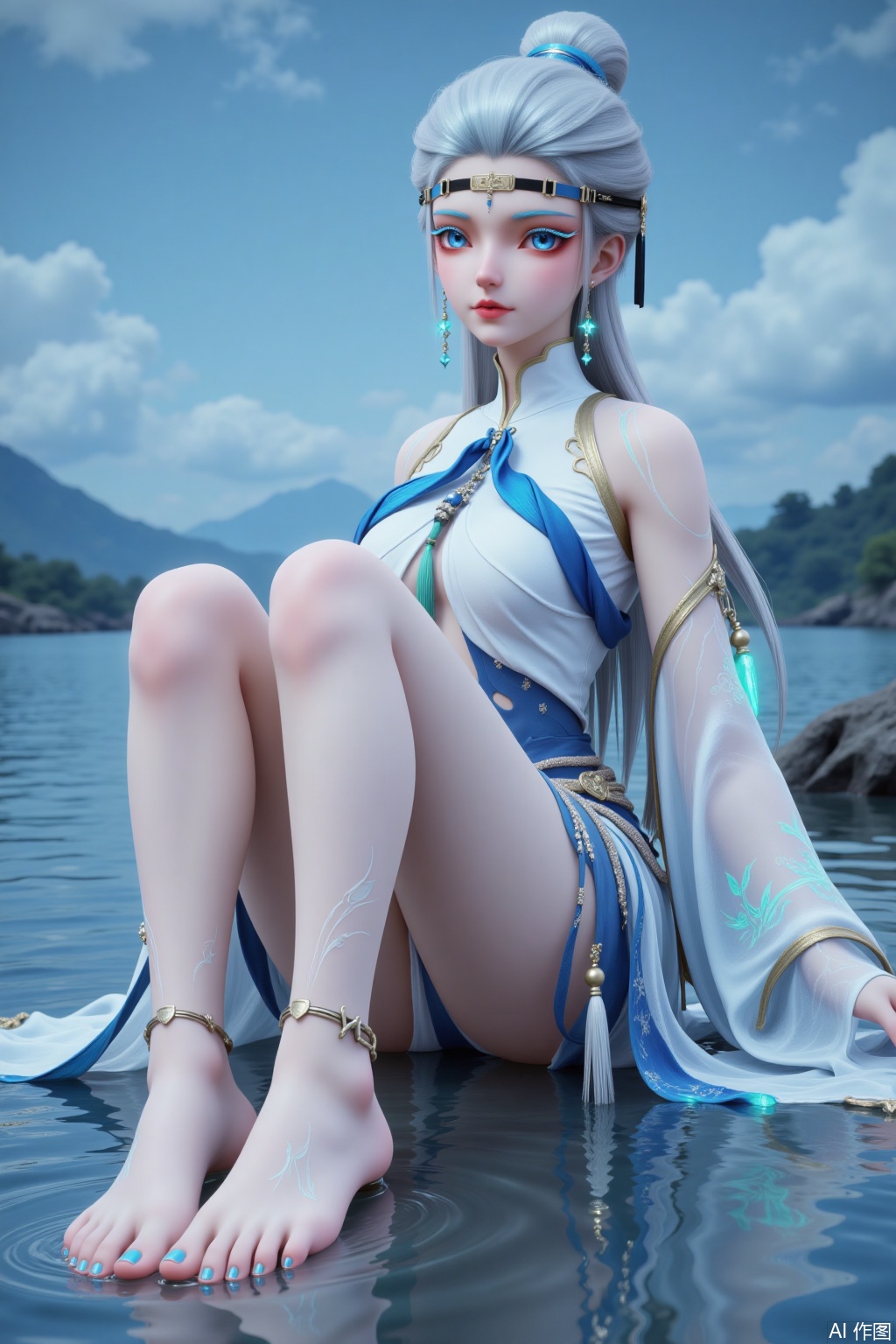 1girl

solo

long hair

blue eyes

hair ornament

jewelry

sitting

earrings

barefoot

water

hair bun

nail polish

feet

legs

bare legs

toes

blue nails

toenails

anklet

toenail polish

toe ring

zhihua