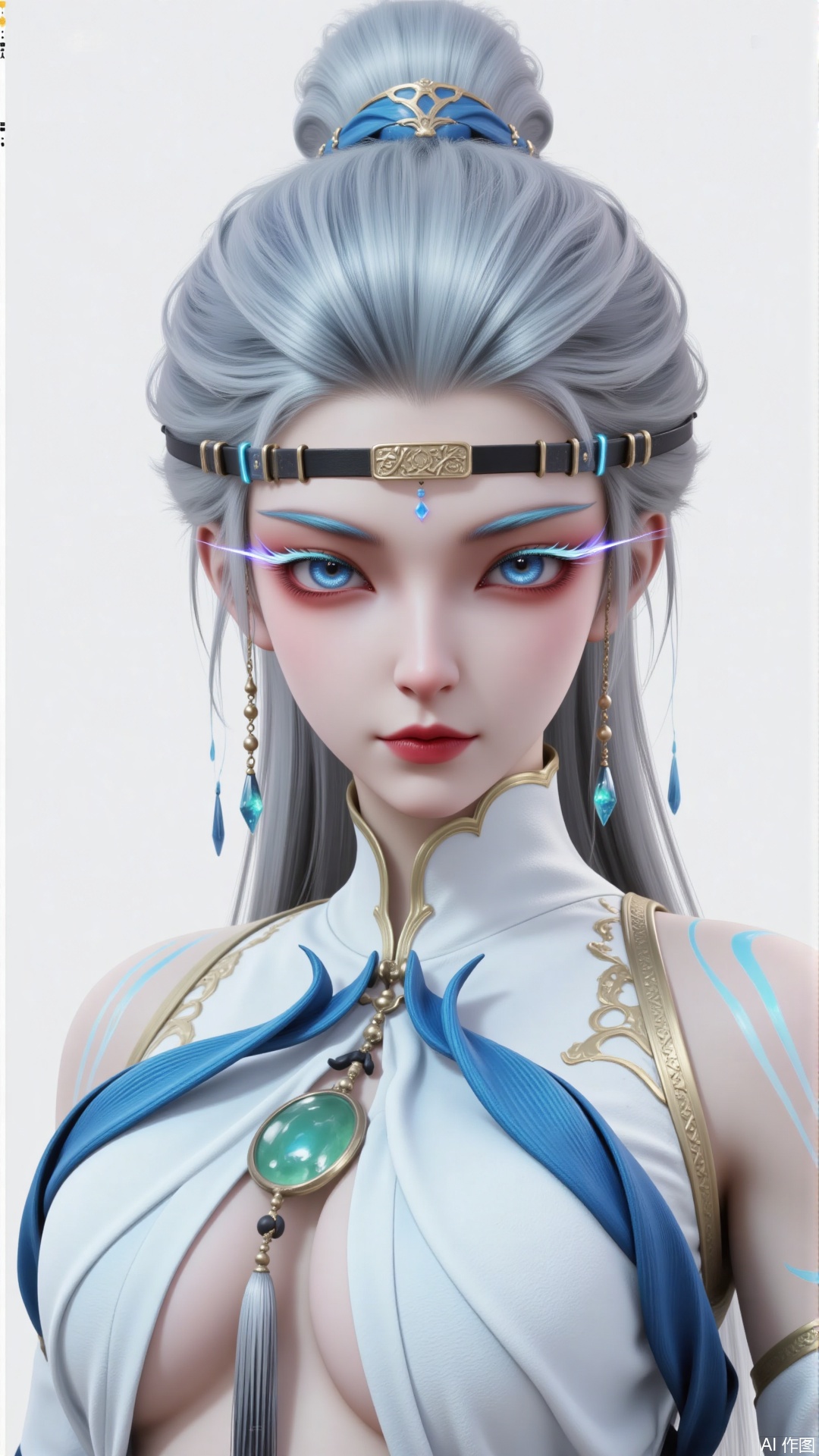 I. Physical Appearance
 
1. Hairstyle and Hair Color
Long silver - white hair, gathered and tied at the top of the head. Some strands are light blue - streaked, secured with blue - and - white hair ornaments.
2. Facial Features
 
- Face Shape: A delicate and small oval face.
- Eyes and Eyebrows: Blue eyes with richly - colored eye makeup. The outer corners of the eyes are smudged with red, creating a striking contrast with the blue eyes. Eyelashes are long and distinct. The blue - glowing eyebrow makeup features slender and upward - slanting brows, adding a heroic air. Blue - glowing eyelashes.
- Between the Eyebrows: There is a blue diamond - shaped or similar - shaped ornament, adding a sense of mystery and fantasy.
- Lip Color: Deep red lips with high saturation, highlighting a glamorous look.
- Accessories: A black forehead ornament with a golden decorative block and patterns. There are metal fasteners on both sides. The dangling earrings are simple in design, with metallic beads and blue pendants.
 
II. Clothing
 
1. Style: In the style of Chinese xianxia (immortal - chivalry).
2. Colors and Materials
 
- The main color is white, matched with blue decorations. For example, the blue petal - like parts on the chest are made of materials like silk or light fabric, with a glossy and soft, drooping texture.
- The edges of the shoulders and collar are decorated with golden patterns, highlighting a sense of luxury and delicacy. The golden parts may be of metallic - textured materials or embroidered with silk threads.
 
3. Detail Design
 
- The collar stands up, in the style of traditional Chinese clothing collars, with golden lines outlining it.
- There is a green jade - like pendant on the chest, paired with a black knot and a gray tassel. The jade pendant is carved with patterns, adding an air of antiquity and mystery.
- There are blue - and - white line patterns on the body, resembling tattoos or patterns on the clothing, enhancing the xianxia - fantasy atmosphere.
 
III. Background
 
The background is pure gray, a simple backdrop to highlight the main subject. Bright, filled with natural light. Ultra - clear.