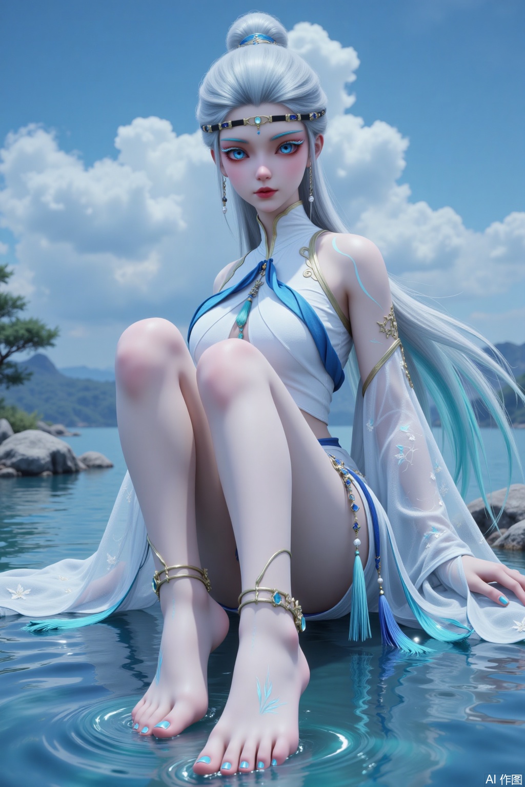 1girl

solo

long hair

blue eyes

hair ornament

jewelry

sitting

earrings

barefoot

water

hair bun

nail polish

feet

legs

bare legs

toes

blue nails

toenails

anklet

toenail polish

toe ring

zhihua