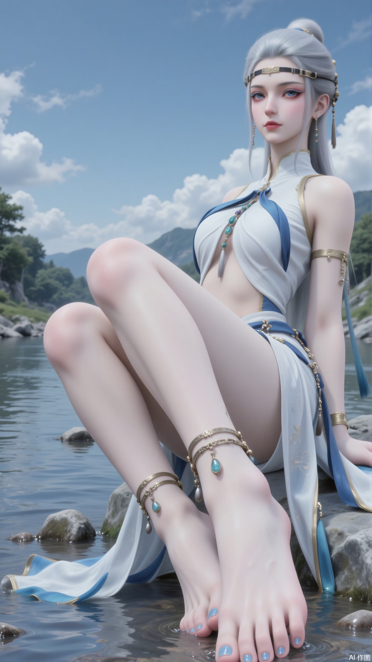 1girl

solo

long hair

blue eyes

hair ornament

jewelry

sitting

earrings

barefoot

water

hair bun

nail polish

feet

legs

bare legs

toes

blue nails

toenails

anklet

toenail polish

toe ring

zhihua