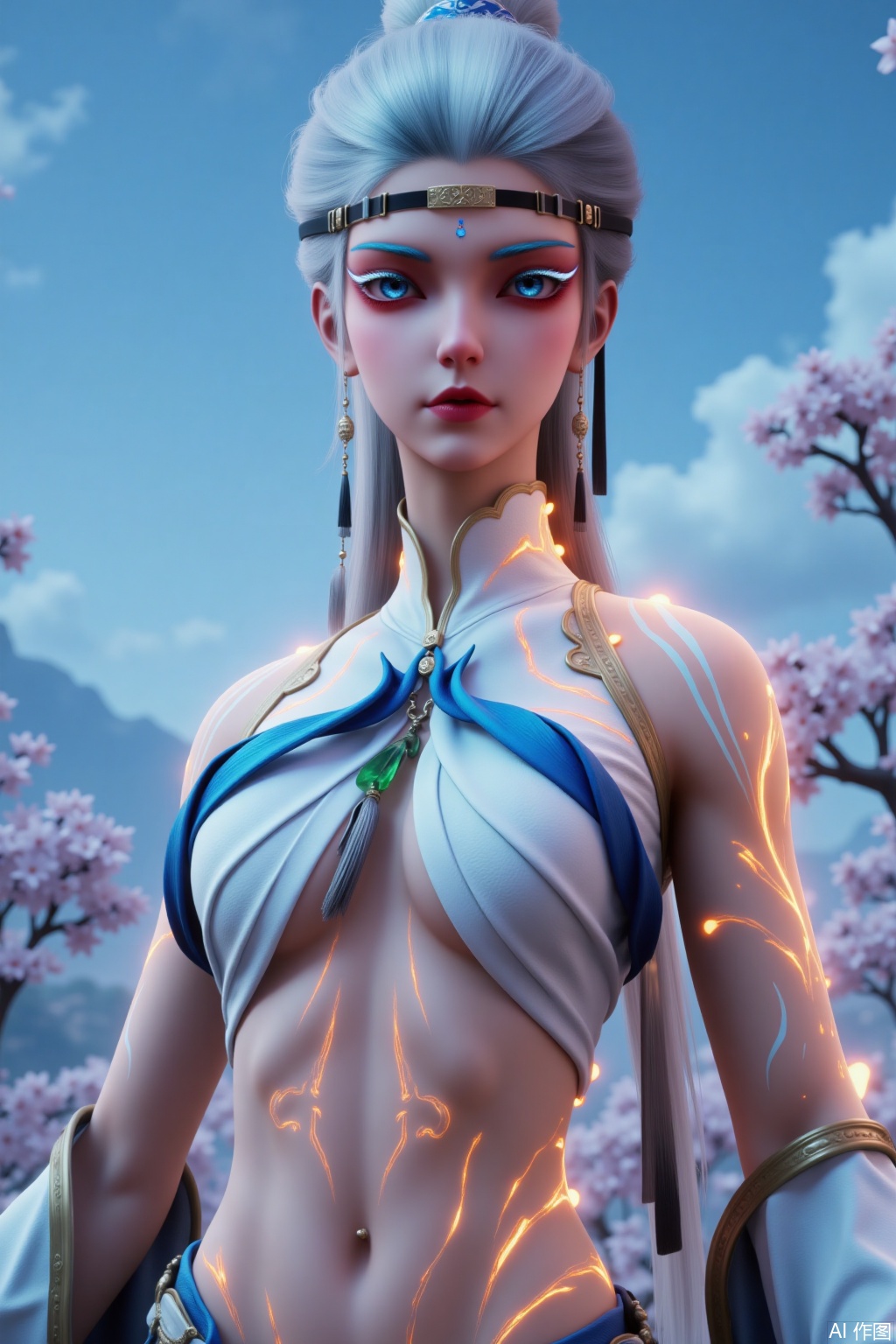 1girl

solo

long hair

breasts

looking at viewer

blue eyes

navel

jewelry

upper body

white hair

outdoors

sky

day

blue sky

lips

tattoo

makeup

headband

glowing

zhihua
