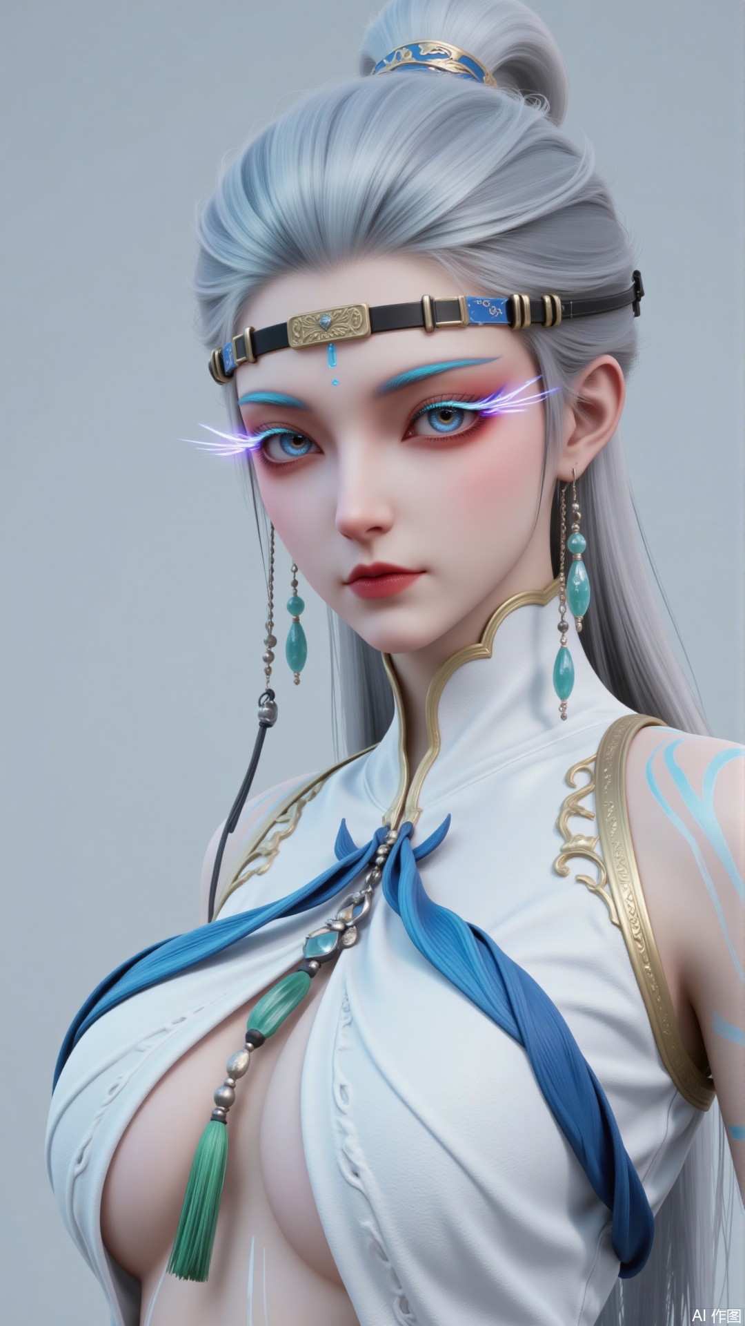 I. Physical Appearance
 
1. Hairstyle and Hair Color
Long silver - white hair, gathered and tied at the top of the head. Some strands are light blue - streaked, secured with blue - and - white hair ornaments.
2. Facial Features
 
- Face Shape: A delicate and small oval face.
- Eyes and Eyebrows: Blue eyes with richly - colored eye makeup. The outer corners of the eyes are smudged with red, creating a striking contrast with the blue eyes. Eyelashes are long and distinct. The blue - glowing eyebrow makeup features slender and upward - slanting brows, adding a heroic air. Blue - glowing eyelashes.
- Between the Eyebrows: There is a blue diamond - shaped or similar - shaped ornament, adding a sense of mystery and fantasy.
- Lip Color: Deep red lips with high saturation, highlighting a glamorous look.
- Accessories: A black forehead ornament with a golden decorative block and patterns. There are metal fasteners on both sides. The dangling earrings are simple in design, with metallic beads and blue pendants.
 
II. Clothing
 
1. Style: In the style of Chinese xianxia (immortal - chivalry).
2. Colors and Materials
 
- The main color is white, matched with blue decorations. For example, the blue petal - like parts on the chest are made of materials like silk or light fabric, with a glossy and soft, drooping texture.
- The edges of the shoulders and collar are decorated with golden patterns, highlighting a sense of luxury and delicacy. The golden parts may be of metallic - textured materials or embroidered with silk threads.
 
3. Detail Design
 
- The collar stands up, in the style of traditional Chinese clothing collars, with golden lines outlining it.
- There is a green jade - like pendant on the chest, paired with a black knot and a gray tassel. The jade pendant is carved with patterns, adding an air of antiquity and mystery.
- There are blue - and - white line patterns on the body, resembling tattoos or patterns on the clothing, enhancing the xianxia - fantasy atmosphere.
 
III. Background
 
The background is pure gray, a simple backdrop to highlight the main subject. Bright, filled with natural light. Ultra - clear.