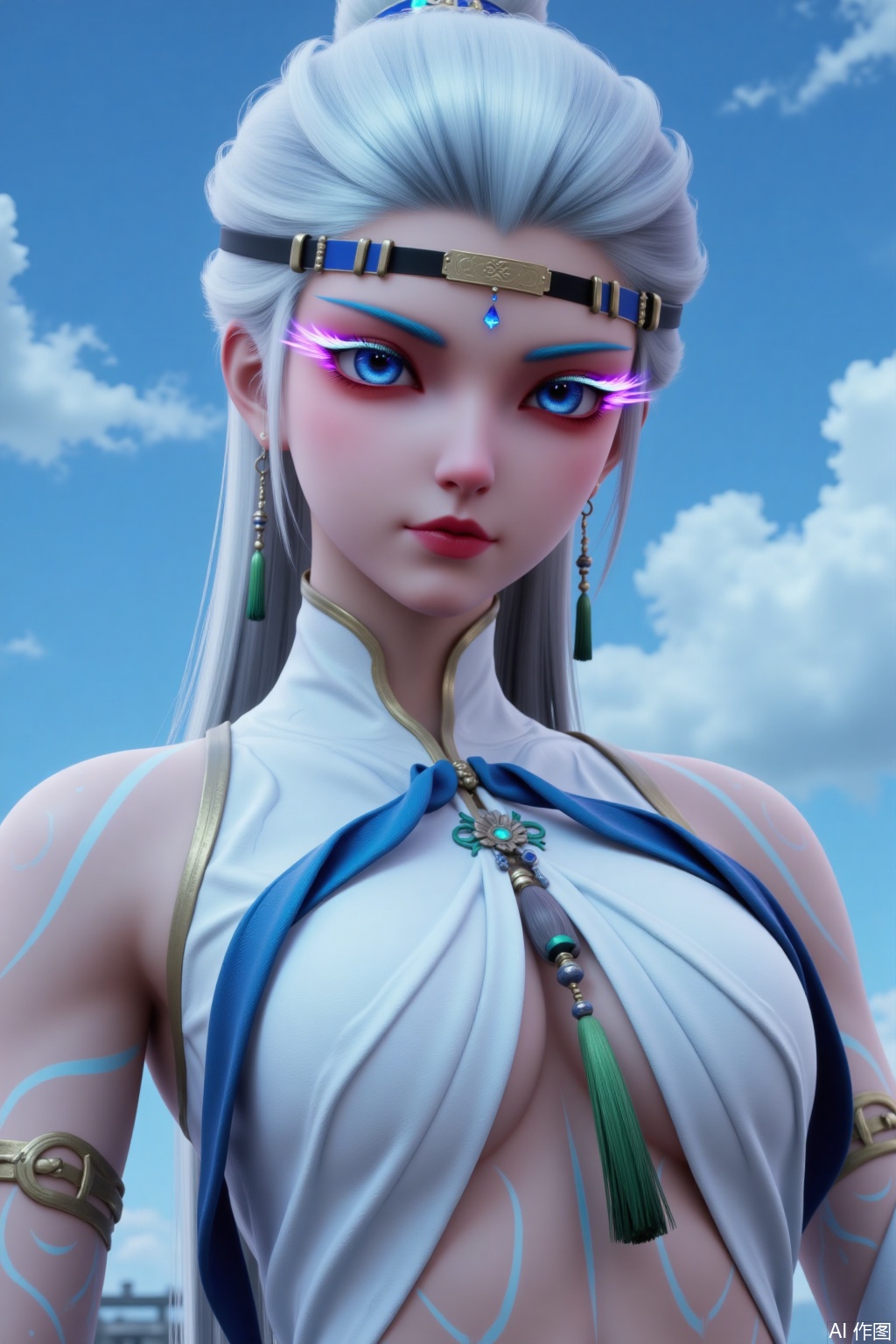 1girl

solo

long hair

breasts

looking at viewer

blue eyes

navel

jewelry

upper body

white hair

outdoors

sky

day

blue sky

lips

tattoo

makeup

headband

glowing

zhihua