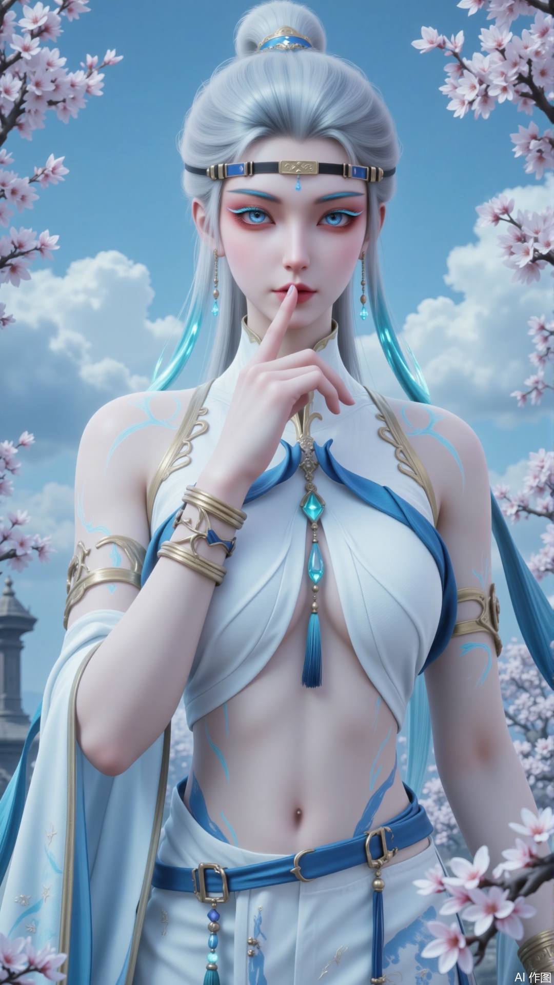 Physical Appearance and Attire
 
1. Hairstyle and Hair Color: High ponytail with long silver - white hair, secured at the crown with blue - themed hair ornaments, including forehead ornaments.
2. Facial Features: Delicate oval face, blue eyes, blue - glowing eyebrow makeup, richly - colored eye makeup with blue - glowing eyelashes, and a blue diamond - shaped adornment between the eyebrows.
3. Costume Style: In the style of Chinese xianxia (immortal - chivalry). The outfit is predominantly white, complemented by blue streamers and line decorations. Exquisite golden patterns embellish the shoulders. The collar stands upright with a golden rim.
4. Accessories: A black forehead ornament featuring a golden decorative block in the middle and metal fasteners on either side. Earrings with metallic beads and blue pendants dangle down. Golden armlets encircle the arms, and blue patterns adorn the cuffs.
 
Posture and Background
 
1. Posture: One hand is raised, with the index finger placed against the lips, suggesting a pose of silence or contemplation.
2. Background: Blue sky with white clouds, in - bloom pinkish - white flower branches, and the faint outline of traditional Chinese architecture.
 
Special Effects
 
Blue electro - optical effects surround the limbs, enhancing the xianxia - fantasy ambiance.
 
Ultra - clear and bright. Filled with natural light.