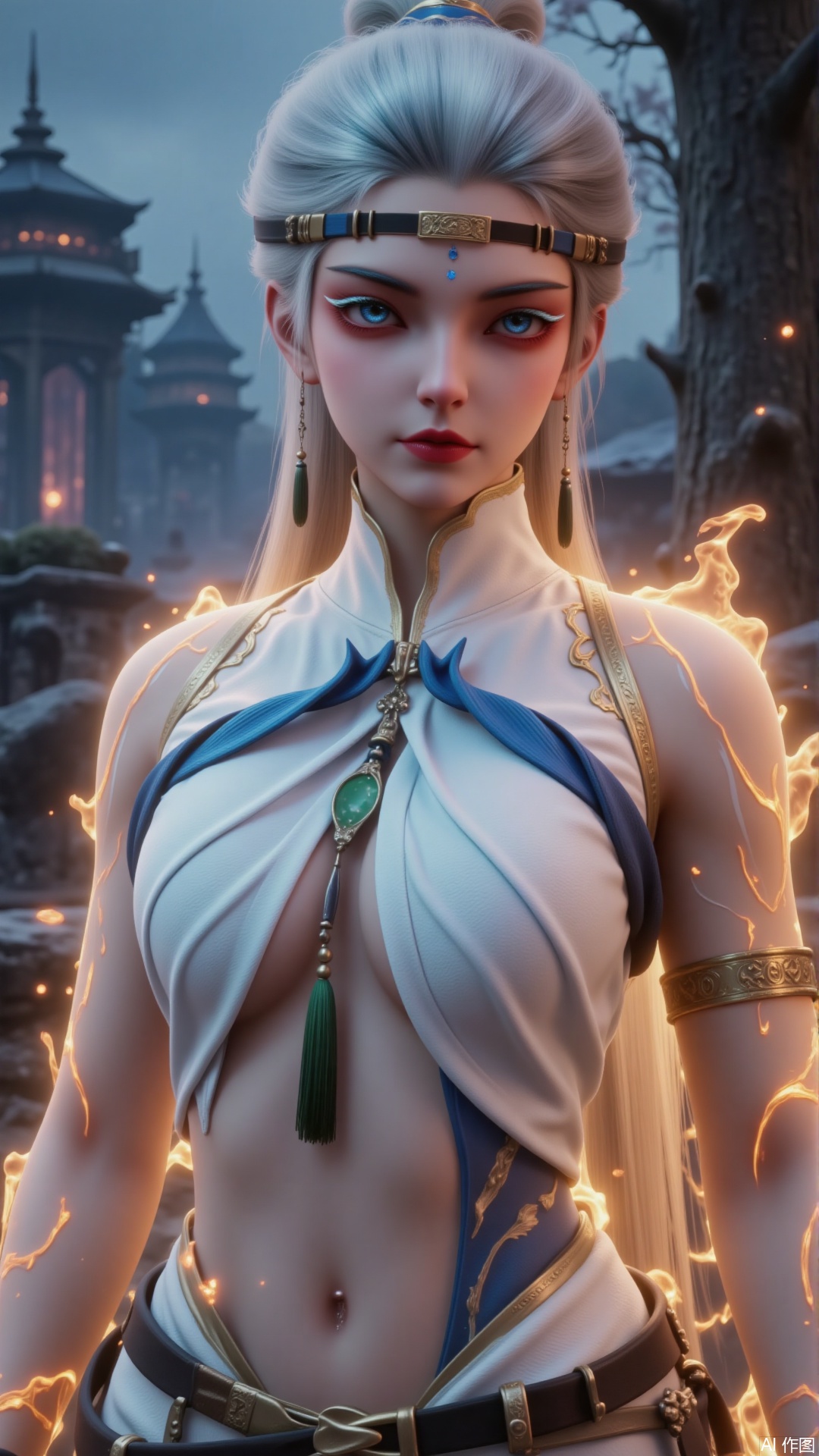 片标签1girl

solo

long hair

breasts

blue eyes

hair ornament

jewelry

medium breasts

white hair

cowboy shot

outdoors

hair bun

bracelet

tree

lips

tattoo

makeup

glowing

single hair bun

building

glowing eyes

circlet

nose

zhihua
