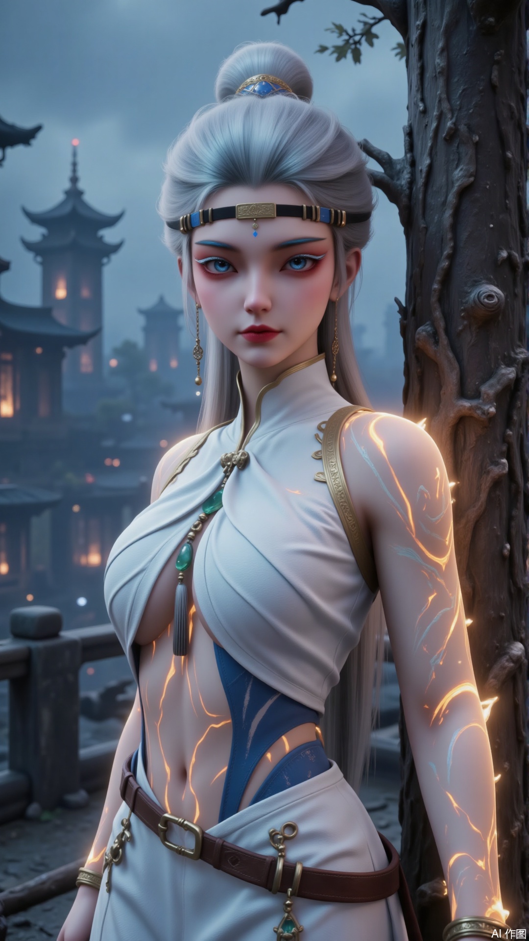 片标签1girl

solo

long hair

breasts

blue eyes

hair ornament

jewelry

medium breasts

white hair

cowboy shot

outdoors

hair bun

bracelet

tree

lips

tattoo

makeup

glowing

single hair bun

building

glowing eyes

circlet

nose

zhihua