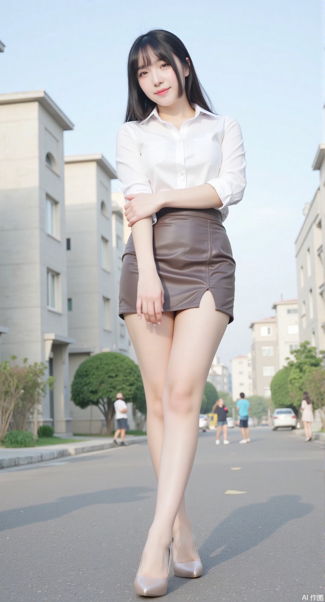 1girl, solo, long hair, looking at viewer, skirt, brown hair, shirt, black hair, brown eyes, standing, high heels, crossed arms, building, pencil skirt, city, office lady, giant, giantess, photo background