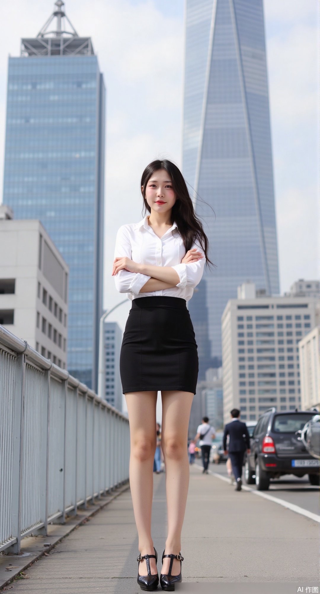 1girl, solo, long hair, looking at viewer, skirt, brown hair, shirt, black hair, brown eyes, standing, high heels, crossed arms, building, pencil skirt, city, office lady, giant, giantess, photo background