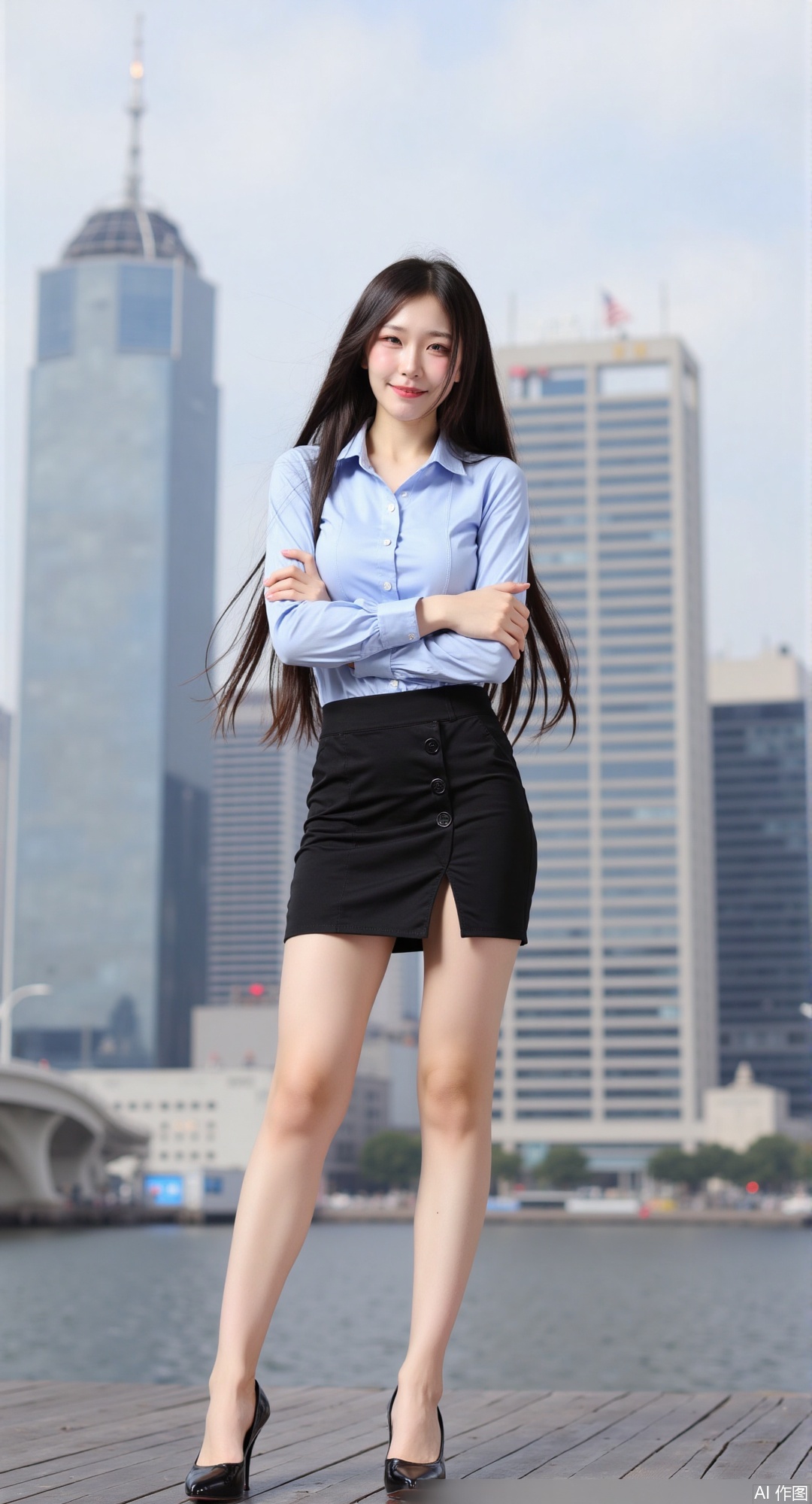 1girl, solo, long hair, looking at viewer, skirt, brown hair, shirt, black hair, brown eyes, standing, high heels, crossed arms, building, pencil skirt, city, office lady, giant, giantess, photo background