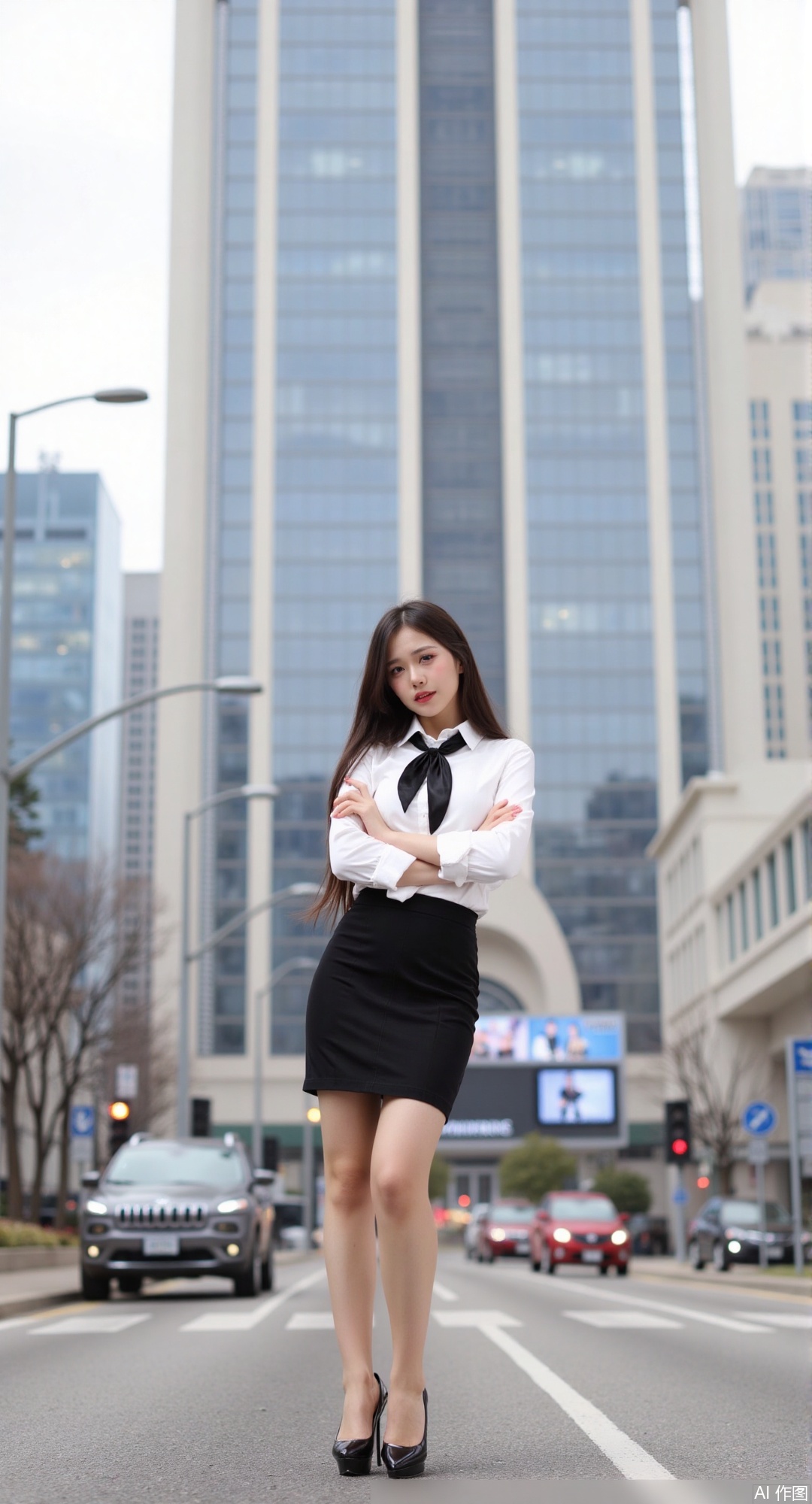 1girl, solo, long hair, looking at viewer, skirt, brown hair, shirt, black hair, brown eyes, standing, high heels, crossed arms, building, pencil skirt, city, office lady, giant, giantess, photo background