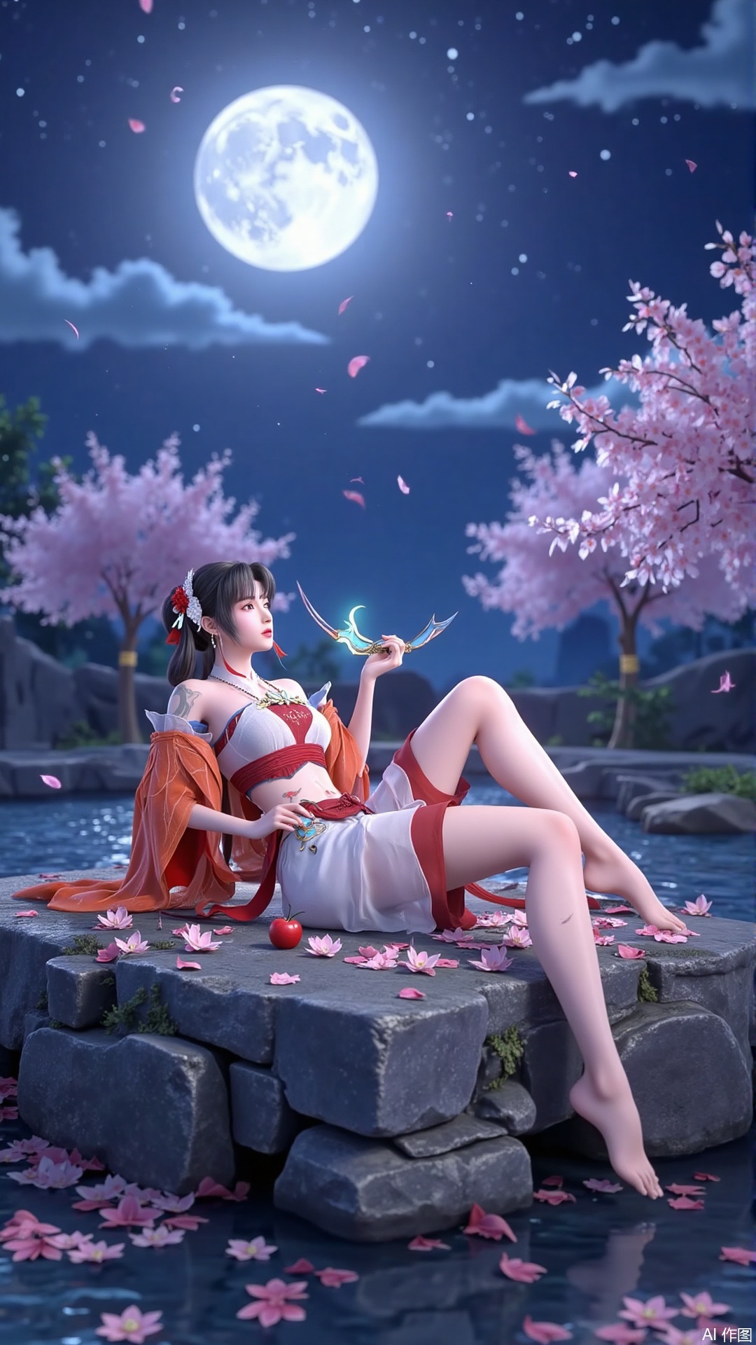 a serene nighttime scene with a full moon illuminating the sky. A woman is lying on a rock surrounded by cherry blossoms, her body partially covered by the petals. She is dressed in traditional attire, with a white top and a red sash around her waist. Her hair is styled with red and white flowers, and she has a serene expression.

In her right hand, she holds a sword that emits a bright, glowing blade, and her left hand rests on her knee. The scene is filled with cherry blossoms, and there are several cherries scattered around her feet. The overall atmosphere is peaceful and dreamy, with a touch of fantasy.