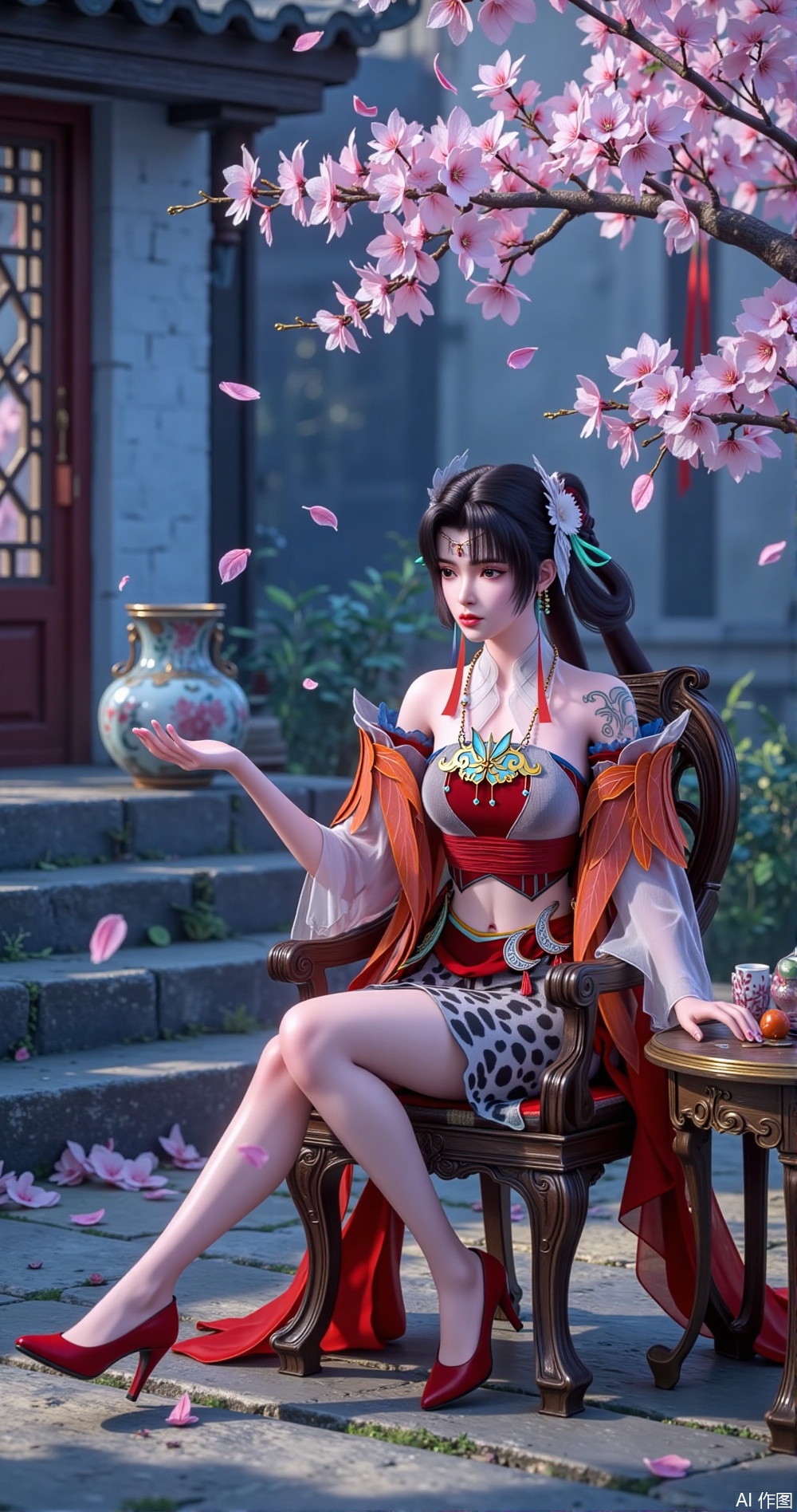 This image is like a long scroll of meticulous brushwork kissed by spring, with each frame flowing with a poetic narrative. In the center of the picture, a beauty sits gracefully on a wooden hoop chair. Her body wrapped in leopard - print silk is as elegant and dangerous as a cheetah, and at the same time, the drooping fabric with a pearl - like luster reveals an Eastern - style softness. Her violet - colored long hair is like a flowing galaxy, and the gold - inlaid hairpins in her hair tremble gently in the breeze, as if holding the moonlight fragments of the imperial palaces of thousands of years.
Her crossed legs are faintly visible under the black silk mist. The scarlet high - heeled shoes are like two cinnabar dots falling on an ink - wash painting, engaging in a dialogue across time and space with the pink - glazed porcelain vase inside the window lattice of the Chinese - style building behind. In the courtyard with blue bricks and black tiles, the cherry blossoms are like a rolling rosy cloud. The falling petals spread out like a fragrant sea of snow on the stone steps. The cherry petals resting on the edge of the wooden tea table and her slender hand gently placed on the table edge form a delicate golden ratio. The most wonderful thing is the mirror magic of the glass - flower window - the cherry branches in the bottle are both the real scene and the reflection, making the framed - view aesthetics of traditional gardens and the sense of transparency and overlap of modern materials blend seamlessly in a small space. This frame of the picture is like a visual symphony jointly composed by natural creatures and human cultural creations, with every detail whispering the whispers of spring.