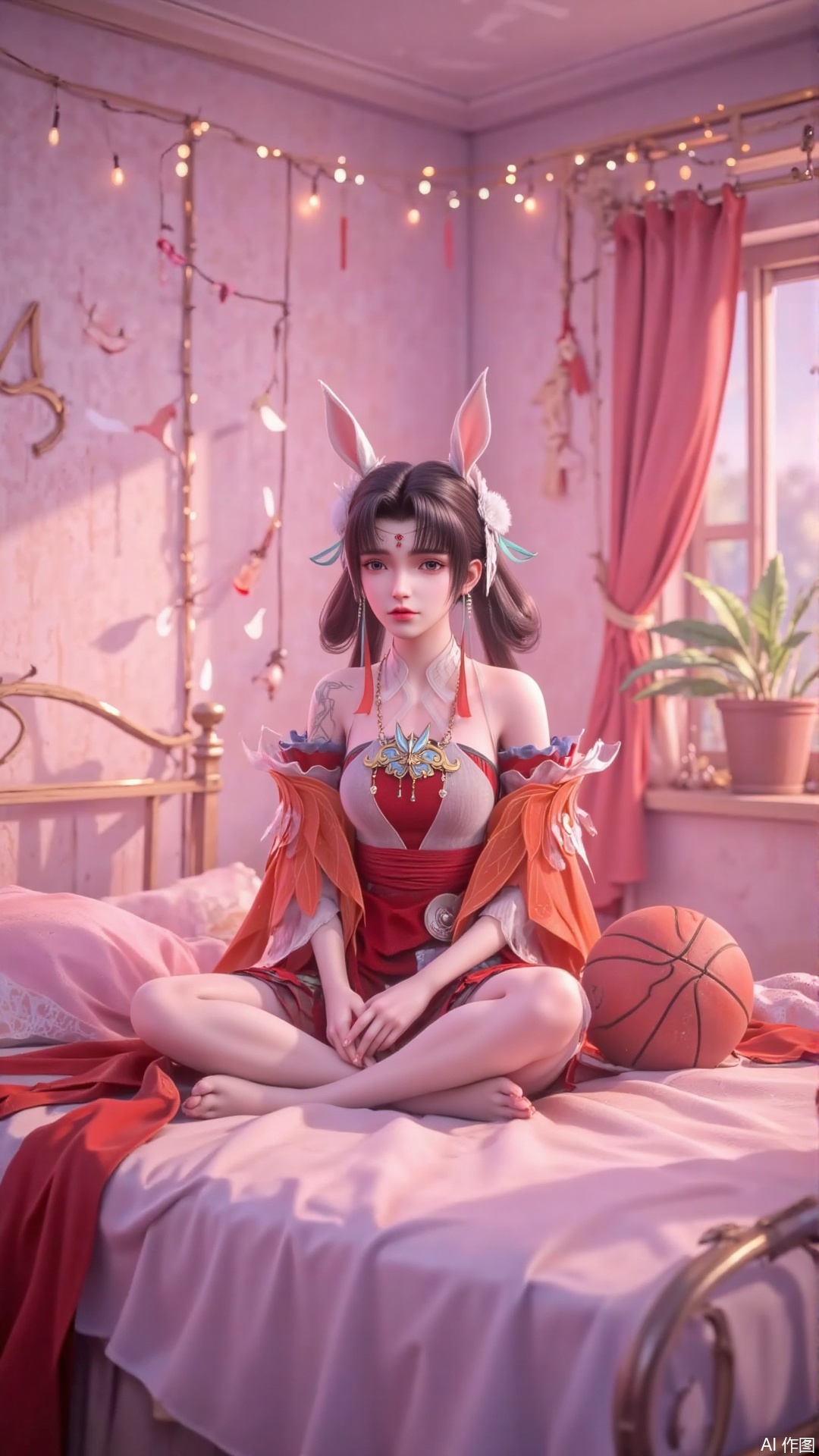 The image depicts a young person sitting on a bed in a room with a soft, dreamy atmosphere. The person is wearing a red and white outfit with bunny ears, sitting cross-legged. They are surrounded by a basketball, a pillow, and a blanket. The room has a window on the right side, with curtains, and there are decorative lights and a plant in the background. The lighting is soft and warm, creating a cozy and whimsical ambiance.