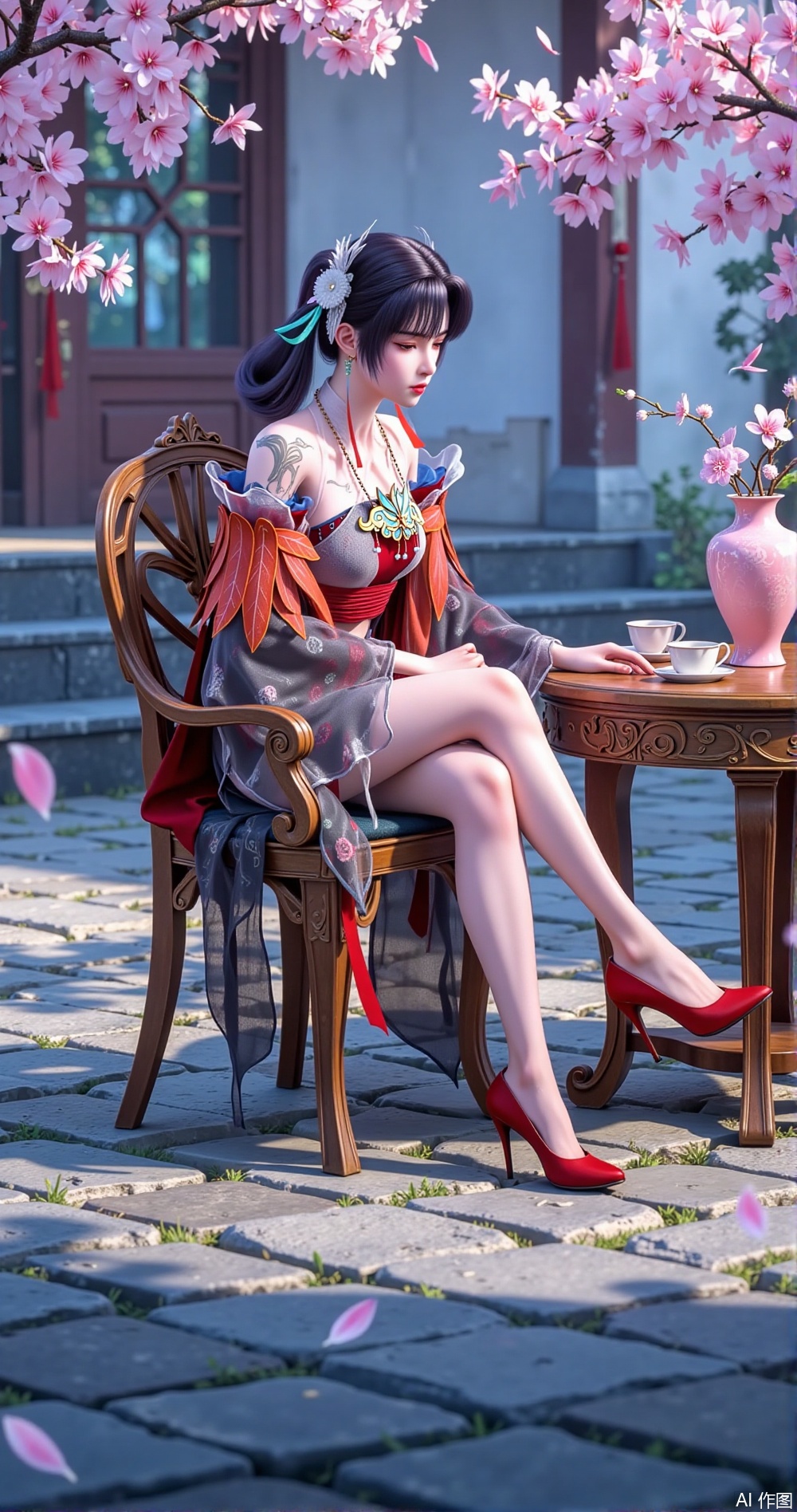This image is like a long scroll of meticulous brushwork kissed by spring, with each frame flowing with a poetic narrative. In the center of the picture, a beauty sits gracefully on a wooden hoop chair. Her body wrapped in leopard - print silk is as elegant and dangerous as a cheetah, and at the same time, the drooping fabric with a pearl - like luster reveals an Eastern - style softness. Her violet - colored long hair is like a flowing galaxy, and the gold - inlaid hairpins in her hair tremble gently in the breeze, as if holding the moonlight fragments of the imperial palaces of thousands of years.
Her crossed legs are faintly visible under the black silk mist. The scarlet high - heeled shoes are like two cinnabar dots falling on an ink - wash painting, engaging in a dialogue across time and space with the pink - glazed porcelain vase inside the window lattice of the Chinese - style building behind. In the courtyard with blue bricks and black tiles, the cherry blossoms are like a rolling rosy cloud. The falling petals spread out like a fragrant sea of snow on the stone steps. The cherry petals resting on the edge of the wooden tea table and her slender hand gently placed on the table edge form a delicate golden ratio. The most wonderful thing is the mirror magic of the glass - flower window - the cherry branches in the bottle are both the real scene and the reflection, making the framed - view aesthetics of traditional gardens and the sense of transparency and overlap of modern materials blend seamlessly in a small space. This frame of the picture is like a visual symphony jointly composed by natural creatures and human cultural creations, with every detail whispering the whispers of spring.
